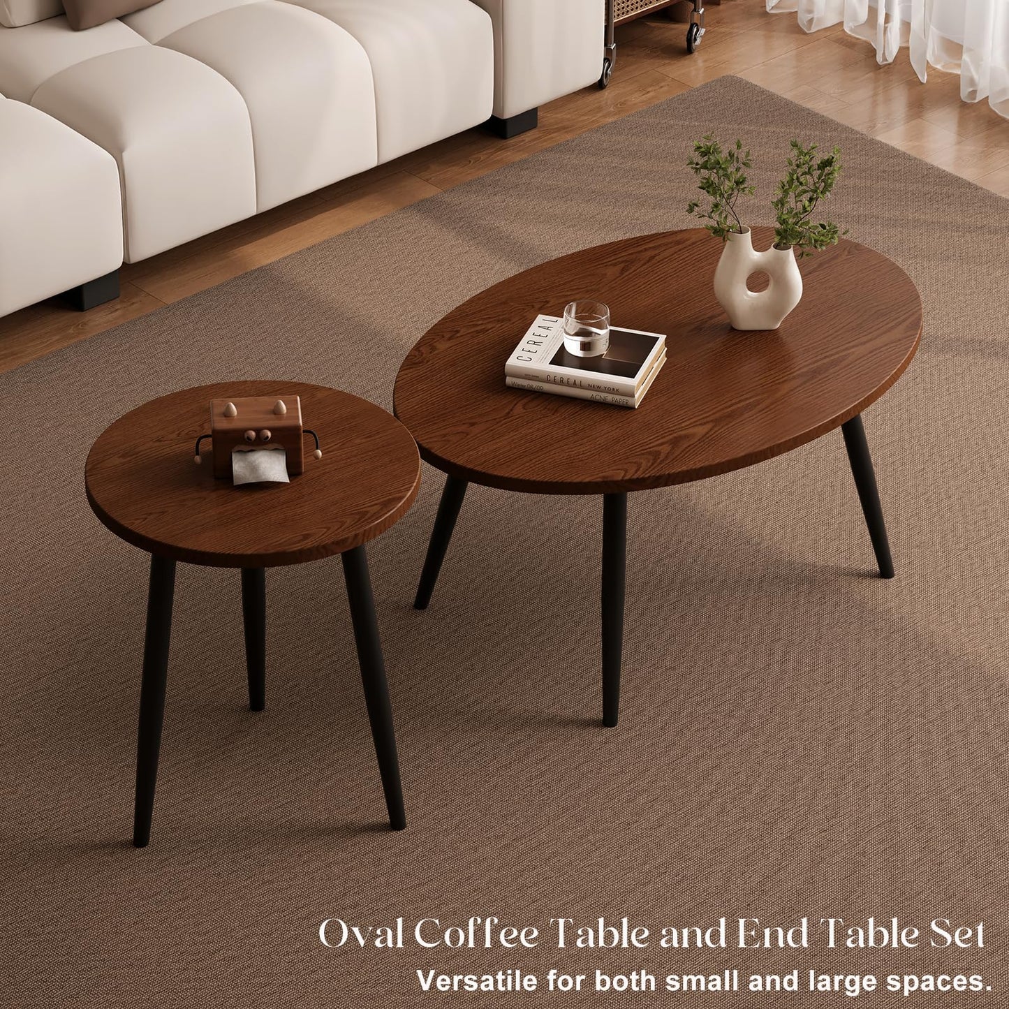 Semjar 2 Pcs Small Oval Coffee Table,31.5" Retro Walnut Coffee Tables Nesting Tables Set,Easy Assembly Mid Century Modern Coffee Tables for Living Room Office,Coffee Table and End Table Sets