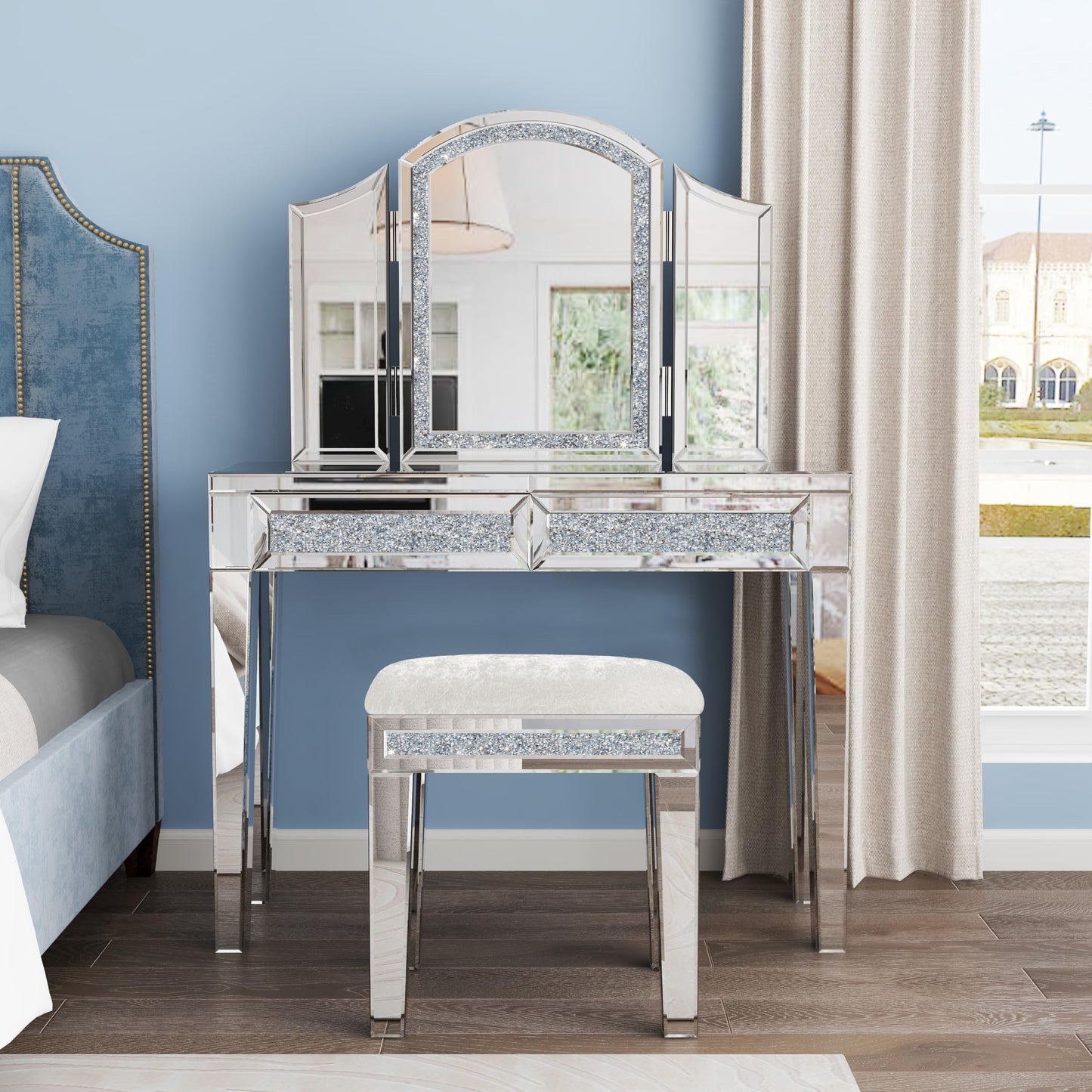 blingworld Mirrored Vanity Stool with Crushed Diamond Inlay Velvet Cushion 19.7'' Tall Stylish Makeup Chair for Bedroom, Vanity Chair, Ottoman for Living Room, White