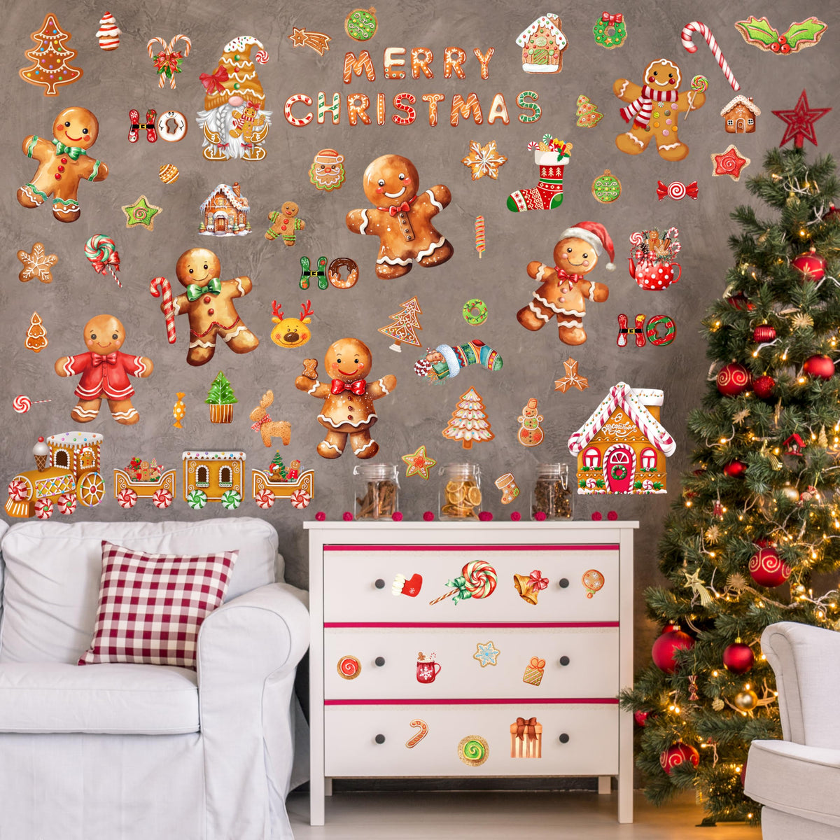 Christmas Gingerbread Wall Stickers Decoration 12 Sheets, Christmas Wall Decals Holiday Gingerbread Decor, Winter Candy Vinyl Stickers for Living Room Bedroom Home Office Decor