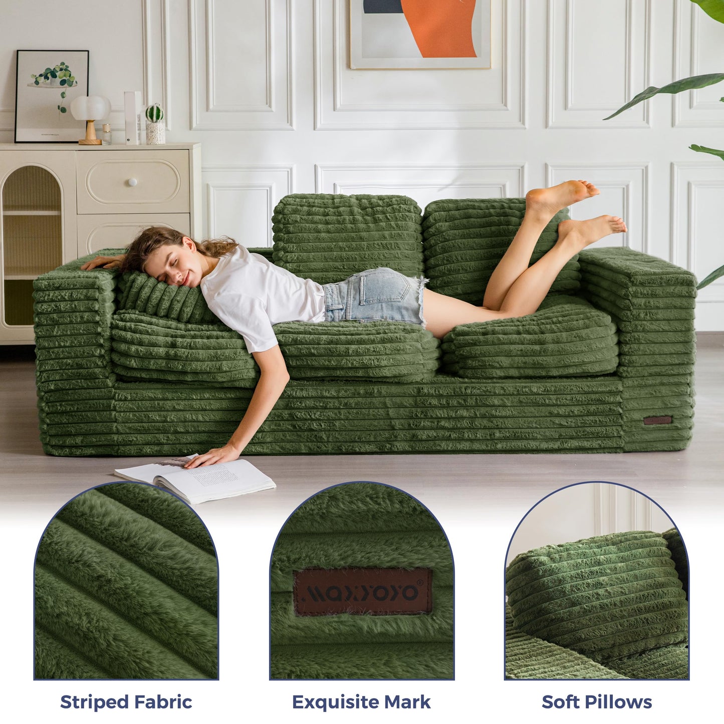 MAXYOYO 3-Seater Boneless Sofa Couch in a Box, Modern Faux Fur Sofa for Living Room, Soft High-Density Foam Couch with Pillows, Fluffy & Supportive Lounge, No Assembly Required, Green