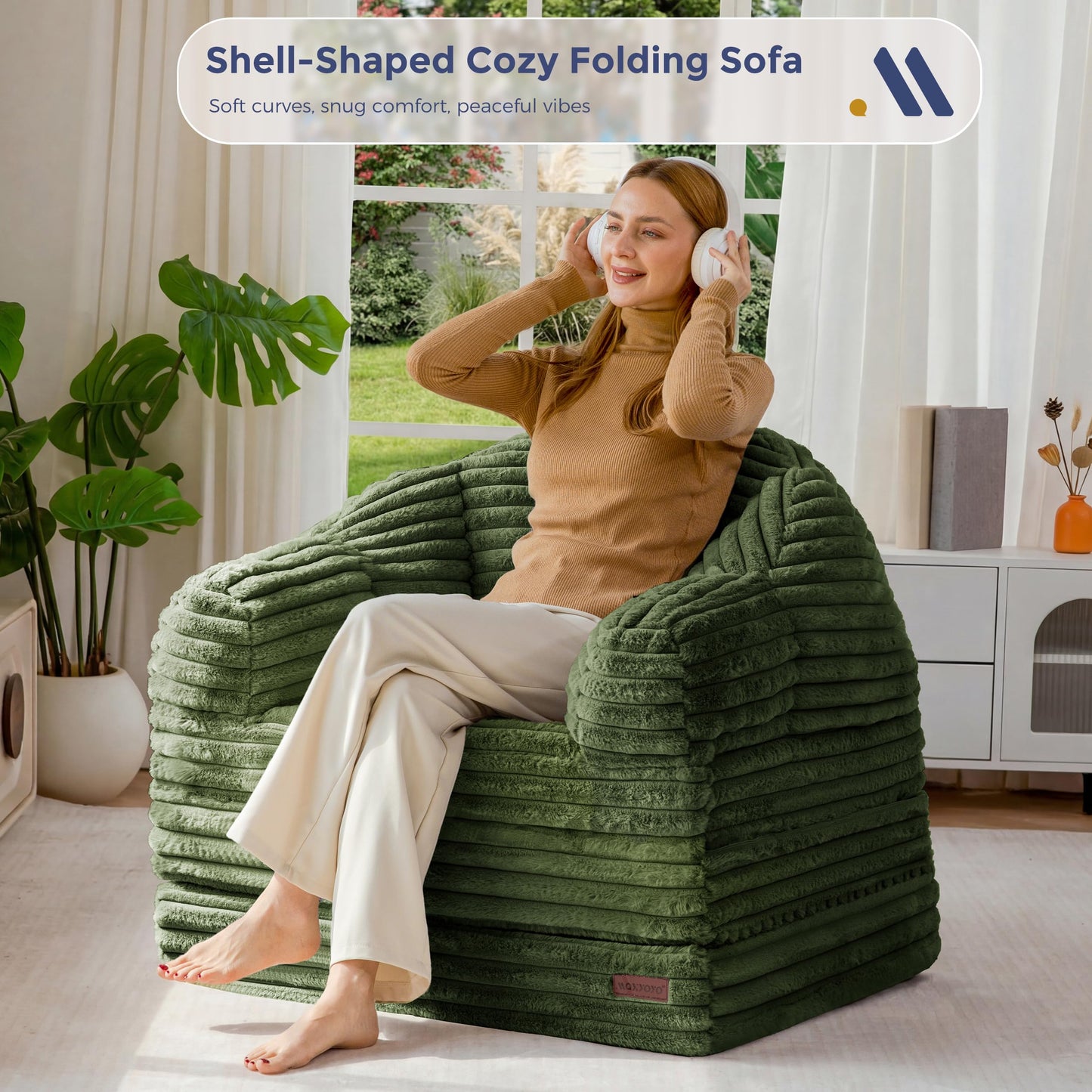 MAXYOYO Folding Sofa Bed, 2 in 1 Convertible Sofa to Lounger Comfy Faux Fur Bean Bag Chair for Adults, Floor Single Couch Chair with Handle, Couch Bed for Living Room Bedroom, Dark Green
