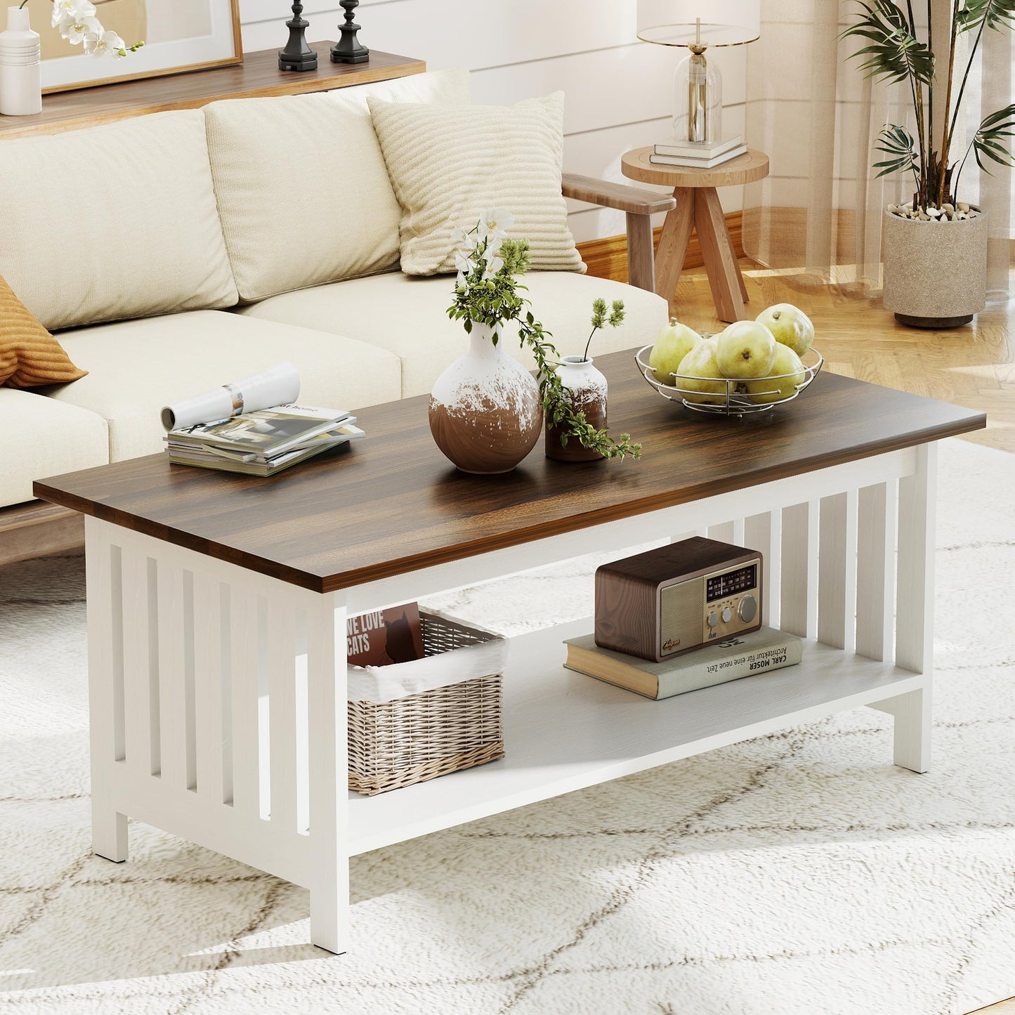 YOSHOOT 39.4" Farmhouse Coffee Table - Coffee Tables for Living Room, Small Coffee Table with Storage, Center Table for Living Room, Bedroom, Office, White