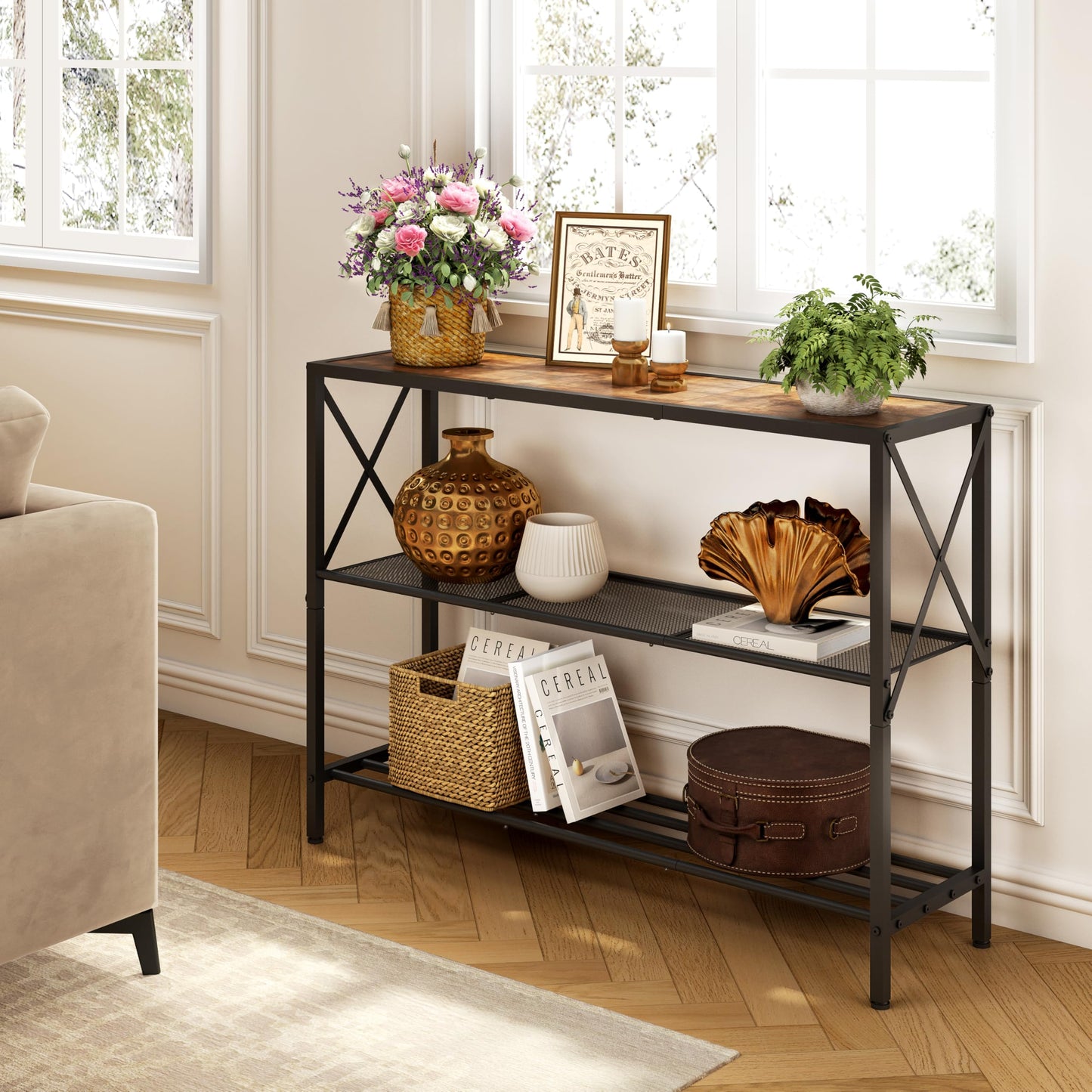 Hoctieon Industrial Console Table, 3 Tier Entryway Table, Hallway Table, Narrow Sofa Table with Shelves, Entrance Table for Entryway, Living Room, Foyer, Hallway, Office, Rustic Brown&Black