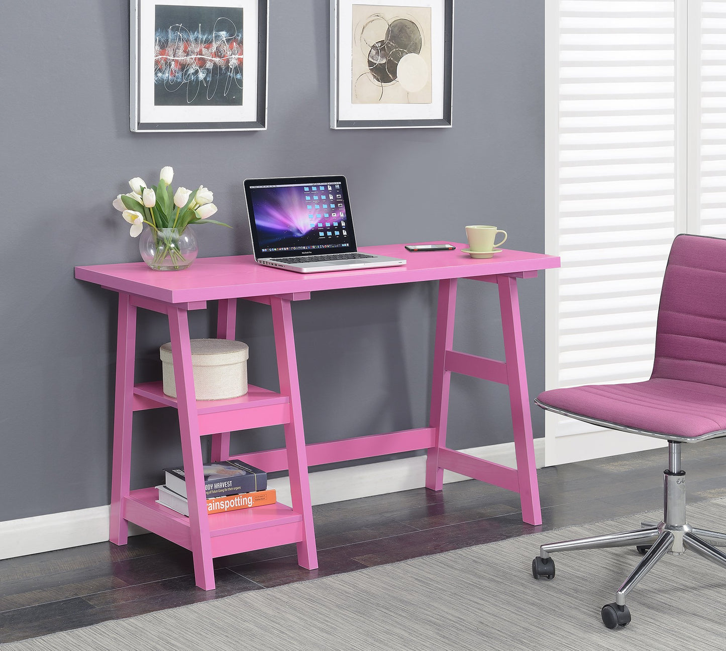 Convenience Concepts Designs2Go Trestle Desk 47" - Modern Desk or Vanity with Shelves, for Office, Dorm, Living Room, Pink
