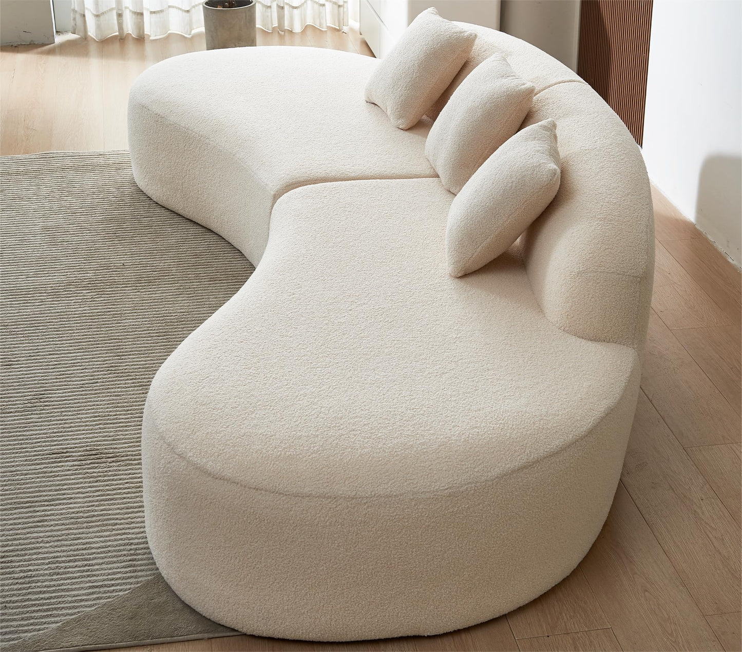 BBTJOINT Modern Curved Sectional Sofa, Boucle Fabric Boneless Couch, Oval Shape Chaise Lounge for Living Room with 3 Throw Pillows, Cream White