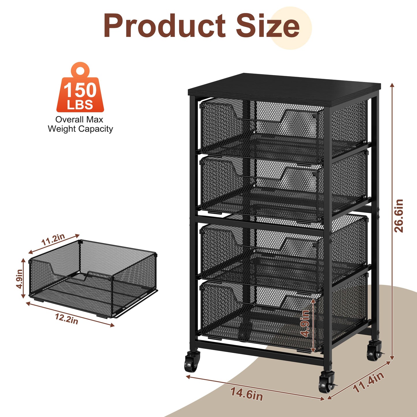 Rolling Cart with Drawers, Utility Storage Cart with Lockable Wheels, Metal snack cart, Under Desk Storage for Office, Kitchen, Craft, and Art Supplies, Black