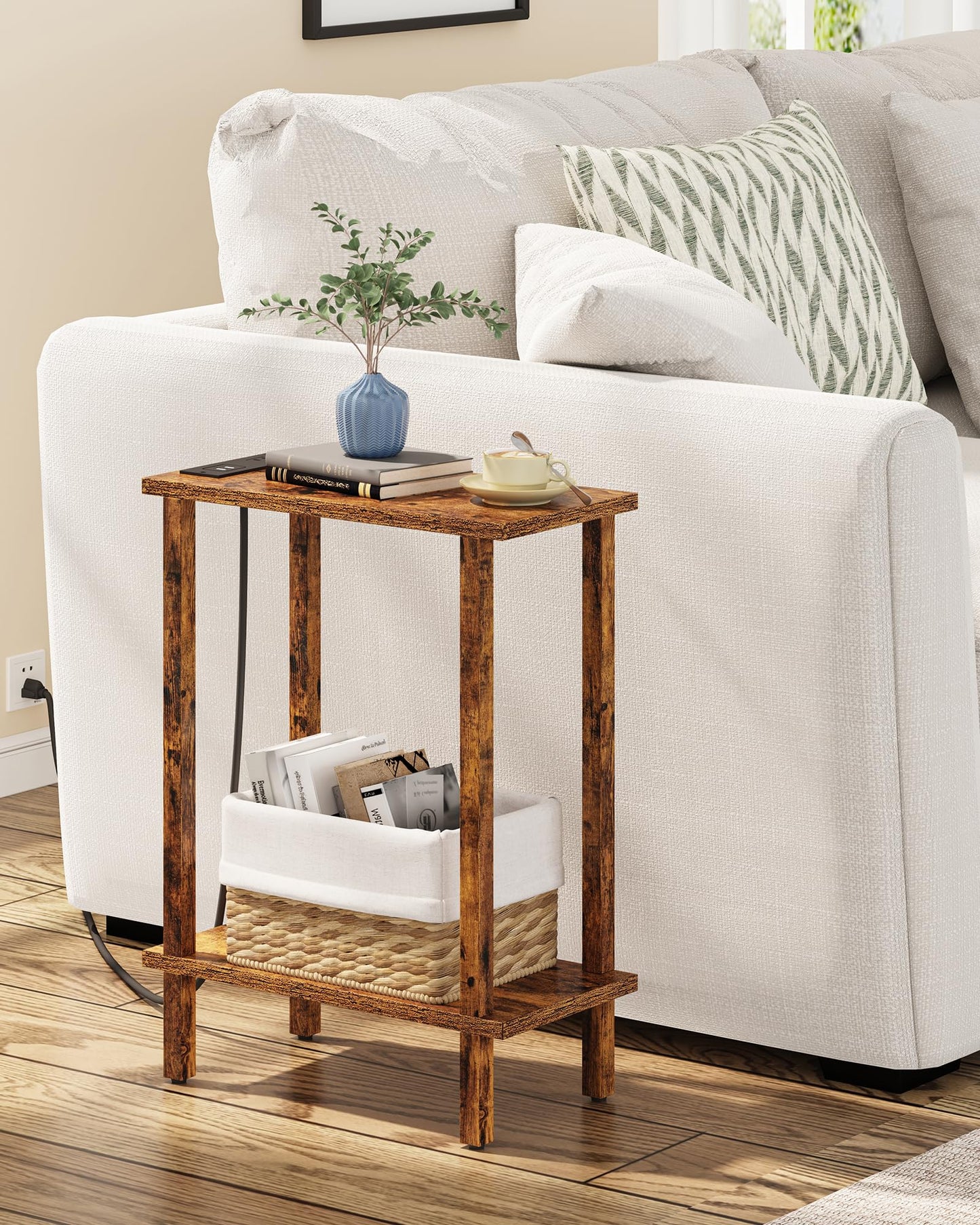 TUTOTAK Small End Table with Charging Station, Narrow Side Table with USB Ports and Outlets, Skinny Sofa Table, Slim Nightstand, Living Room, Bed Room, Pure Brown TB01BB060C