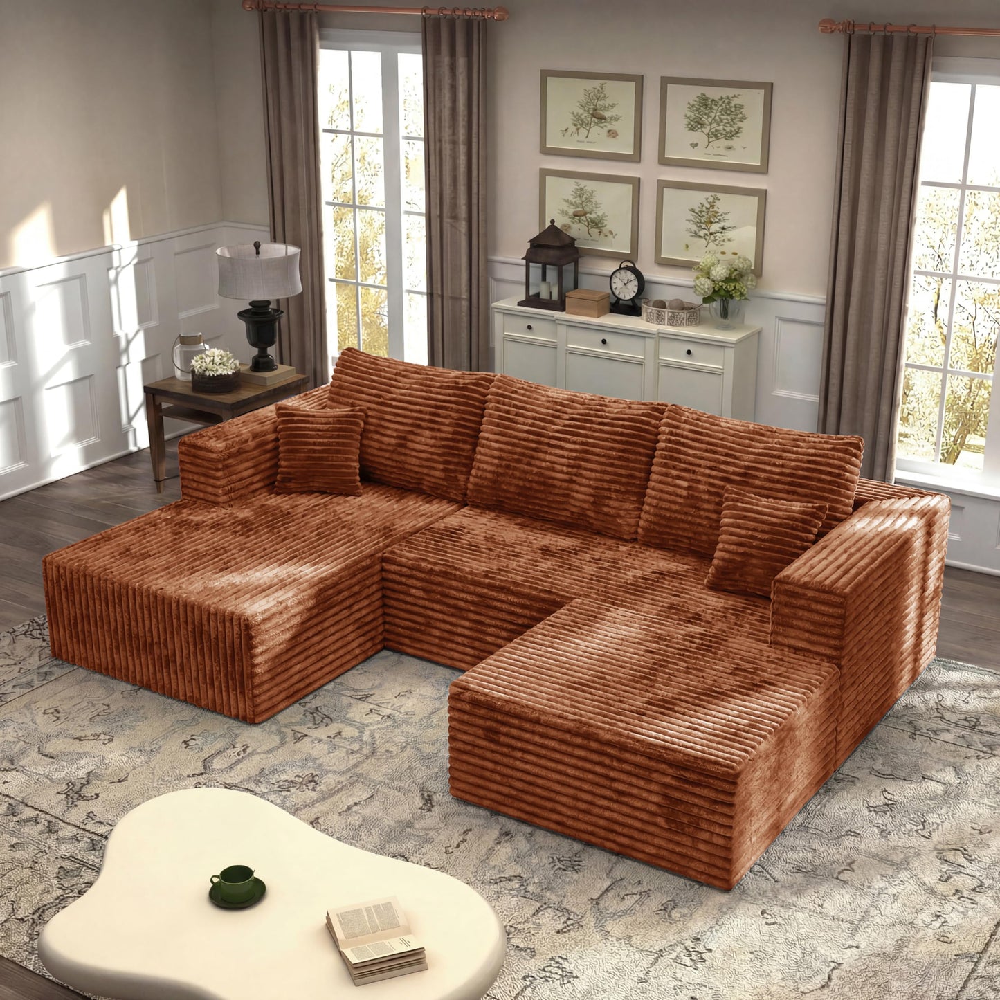 27.56'' Plush Fluffy Corduroy Poofy Ottoman in a Box for Boneless Sofa Couch, Modern Compressed Foot Rest, Small Comfy Rectangle Boneless Pouf Footstool Ottoman for Living Room, Bedroom, Orange
