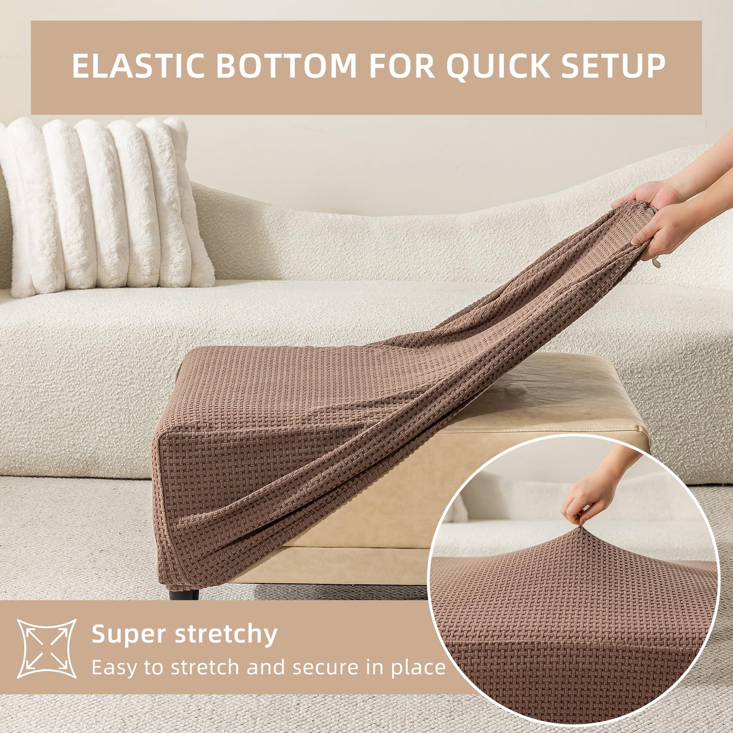 KaviKon Ottoman Cover Slipcover Rectangle Fit Length 25"-30" Stretch Foot Stool Slip Cover, Footrest Slipcovers Protector with Elastic Band, Ottoman Cover Removable Washable(Small,Grid Weave Coffee)