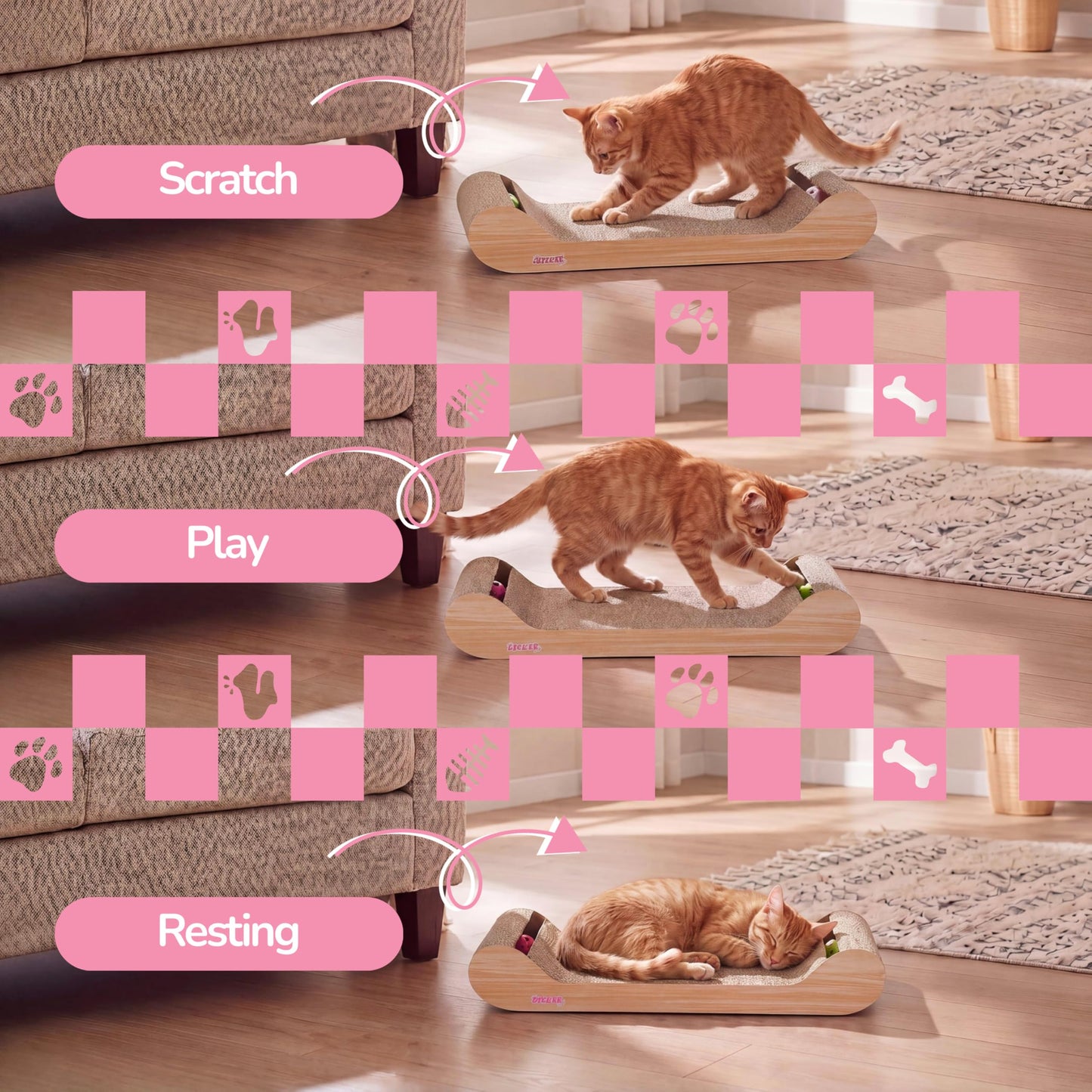 THE LICKER Store Rini 23.75" Modern Cardboard Cat Scratcher Lounge Bed with Built-in Bell Toys and Catnip, Ergonomic Curved Sofa Design, Oak Wood Finish CSR1003C