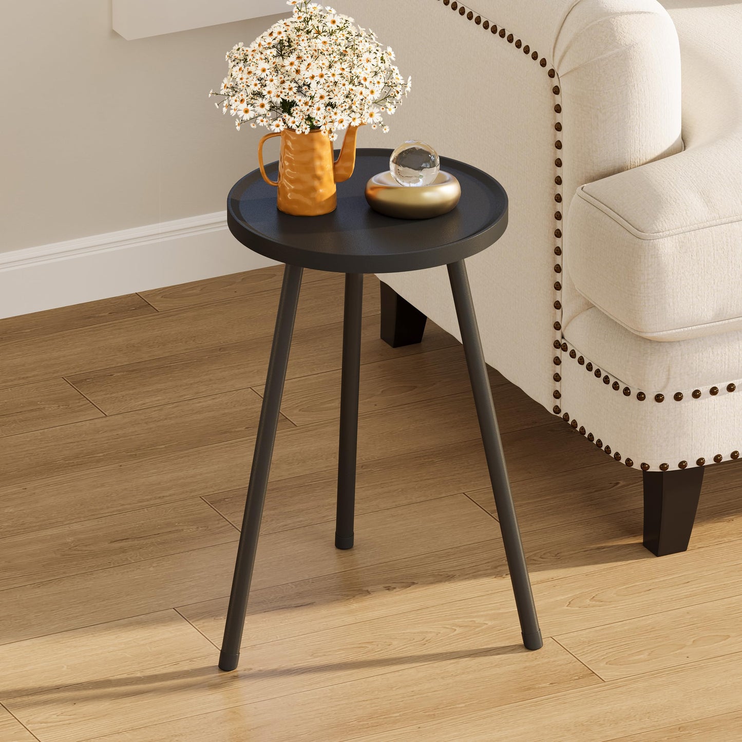 YAUKTAK Small Couch Side Table, Drink Table, Mini Round End Table, Coffee Table, Snack Table for Small Spaces, Living Room, Bedroom, Sofa LET520BK