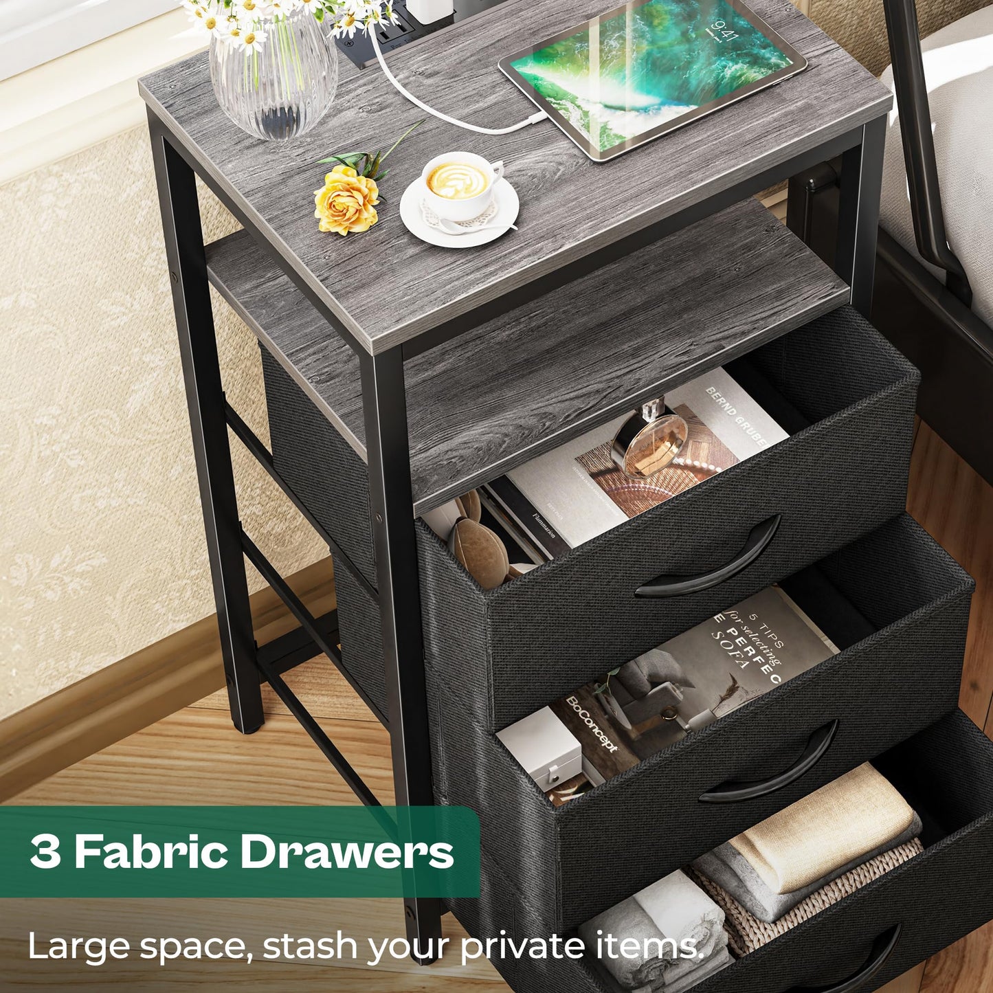Huuger Nightstands Set of 2, 27.6 Inch End Tables with Charging Station, Fabric Drawers, Bedside Tables with USB Port and Outlet, Night Stands for Bedroom, Charcoal Gray
