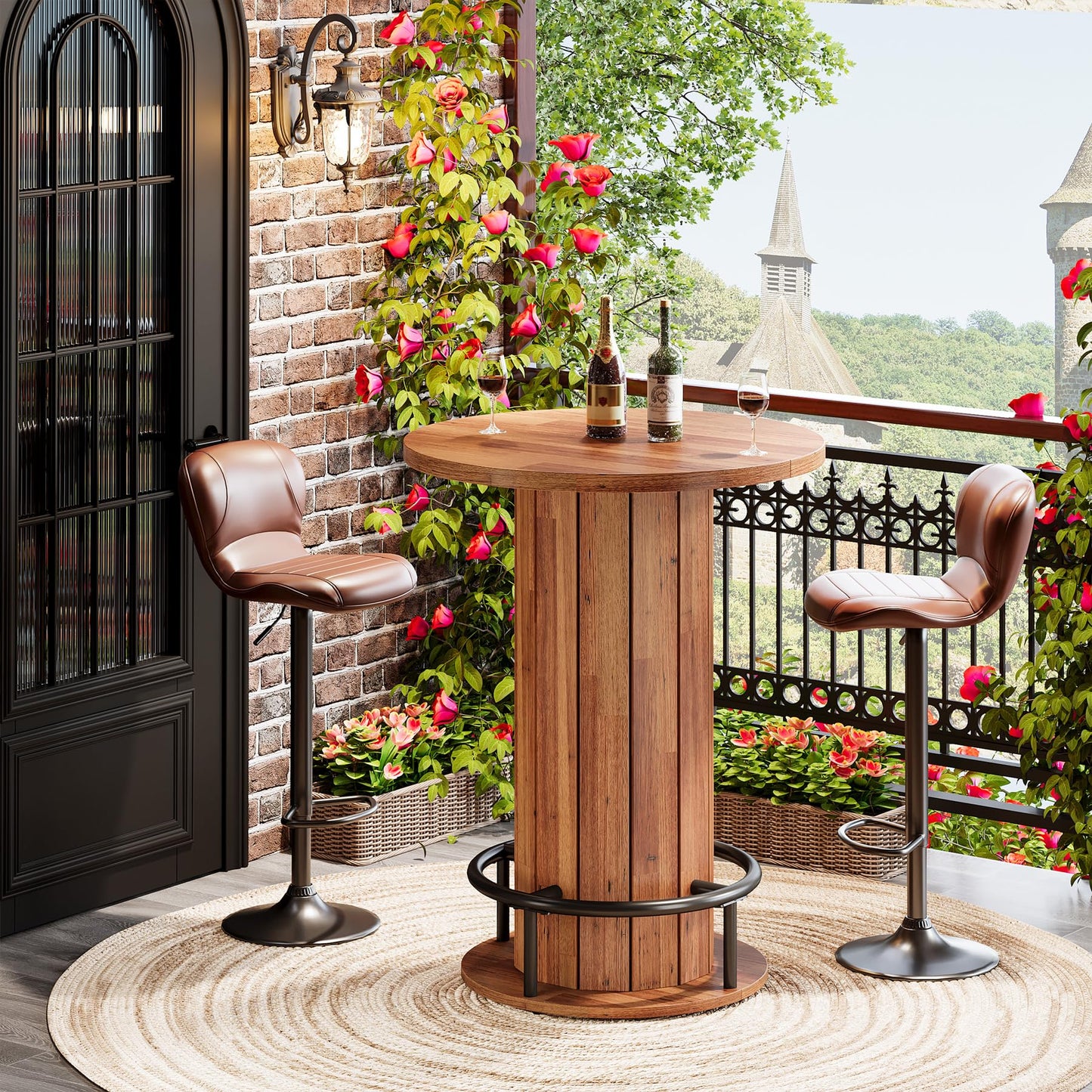 Tribesigns Round Bar Table, 39.4" H Wood Bistro Pub Table with Metal Ring Footrest for Dining Coffee Cocktail Living Room, Small Space, Walnut Brown (Only Table)