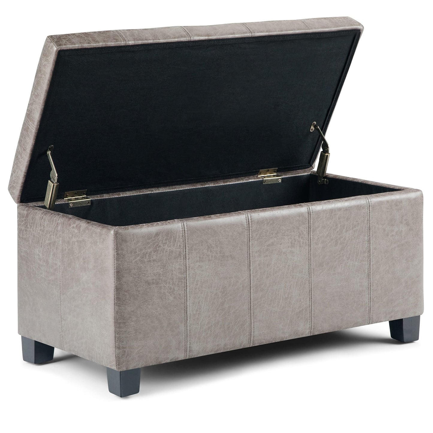 SIMPLIHOME Dover Storage Ottoman Bench - 36 inch Wide Upholstered Vegan Leather Rectangular Lift-Top Ottoman in Distressed Grey Taupe, Contemporary Bench for Living Room with Safety Hinges