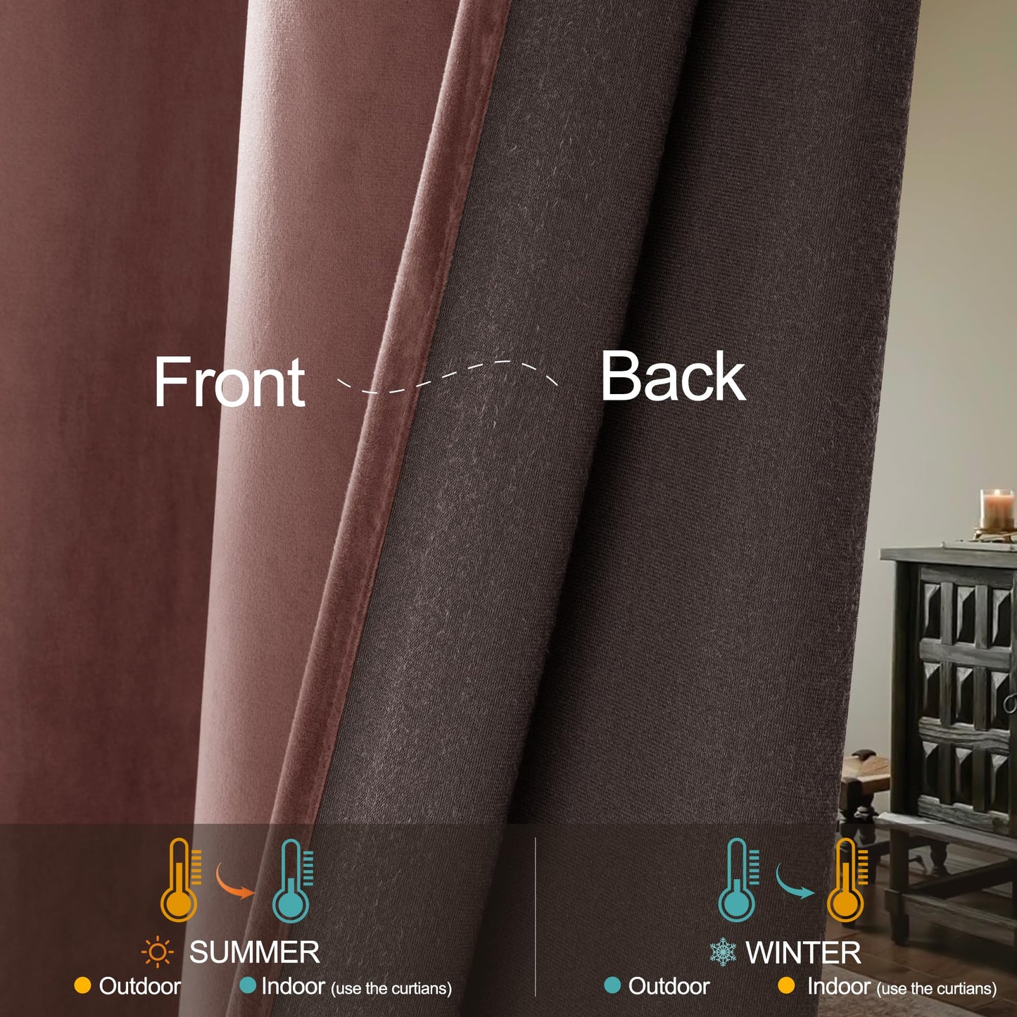 PONY DANCE Dusty Rose Velvet Blackout Curtains 108 Inches Long for Bedroom, Luxury Thermal Insulated Grommet Room Darkening Window Drapes for Living Room, Cortinas de Terciopelo, 2 Panels Set 52Wx108L