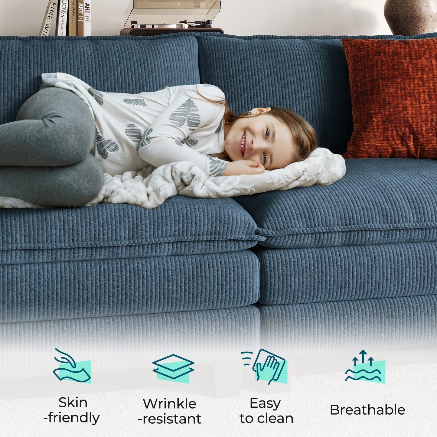 LINSY HOME 123" Modular L-Shaped Sectional Sofa, 3-Seat Corduroy Modern Cloud Couch with Deep Seat & 1 Movable Ottoman, Perfect for Living Room, Office, Bedroom, Blue