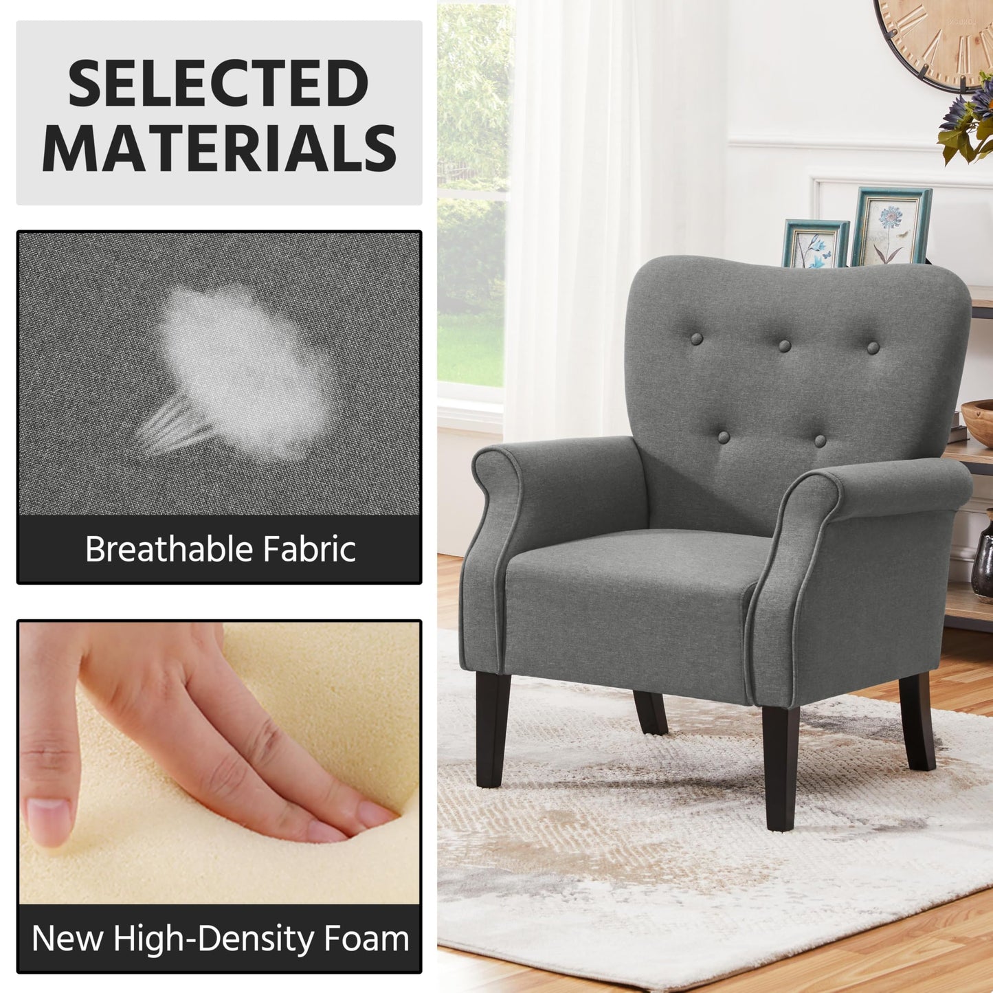 Yaheetech Modern Armchair, Mid Century Accent Chair with Sturdy Wood Legs and High Back for Small Space, Upholstered Fabric Sofa Club Chair for Living Room/Bedroom/Office, Set of 2, Dark Gray