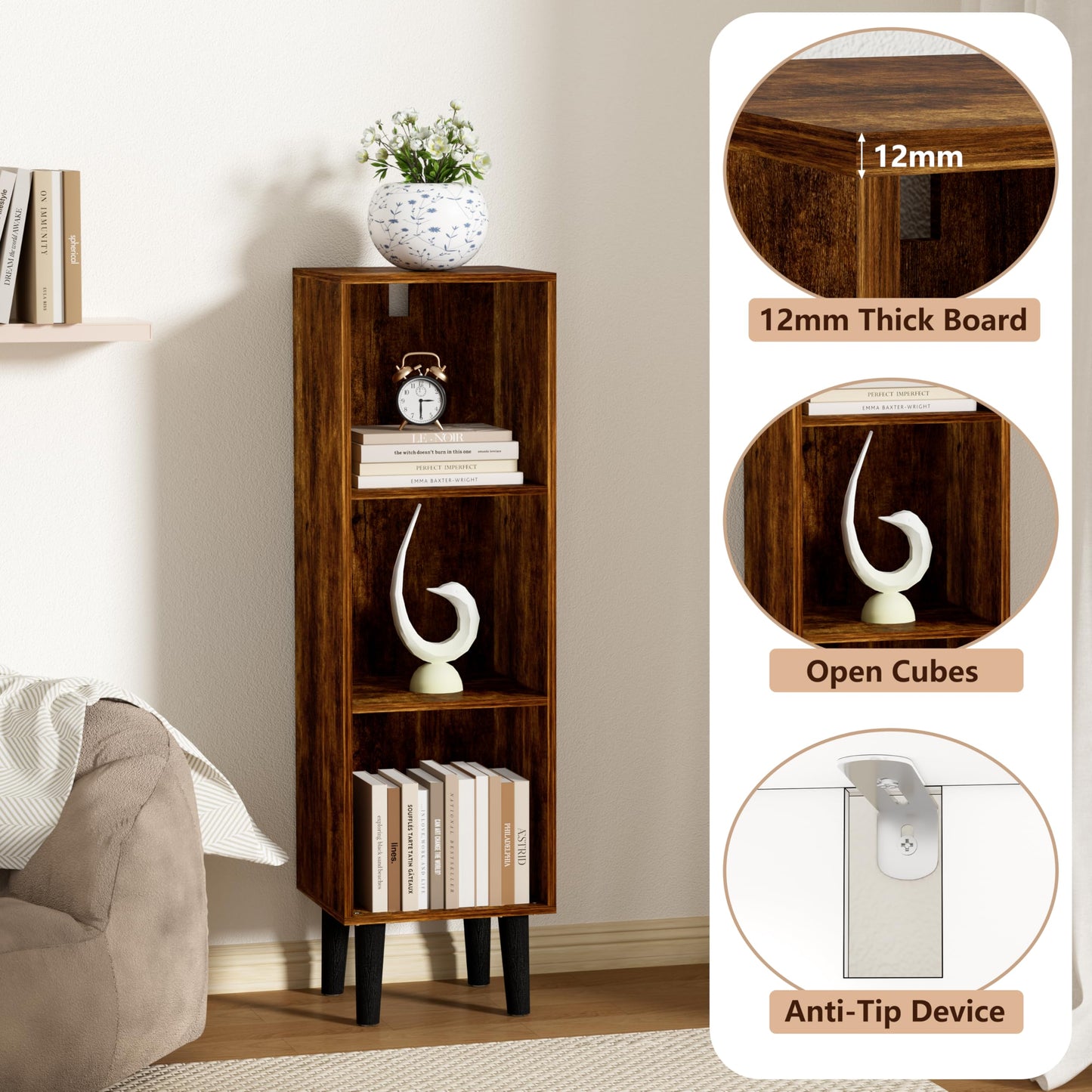 Nestwise 3 Cube Bookcase, Wooden Book Shelf Cube Storage Organizer with Legs, 3 Tier Bookshelf Freestanding Open Shelves for Bedroom, Living Room, Home Office (Brown, 3 Cube)
