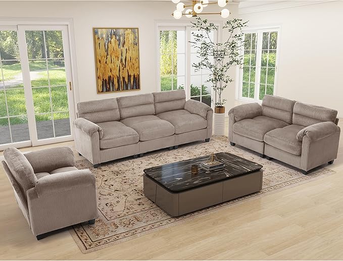 HAOMARKETS Corduroy Sofa Set, Upholstered Armchair, and 3-Seater Couch