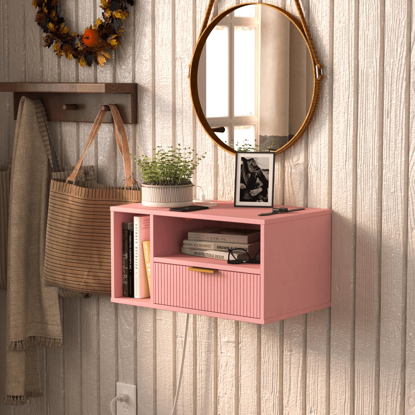 Veegle Pink Floating Nightstand with Charging Station and LED Lights,Pink
