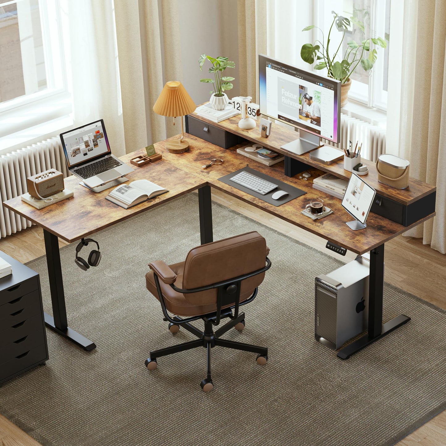 Agilestic L Shaped Electric Standing Desk with 2 Drawers, 63 Inch Ergonomic Adjustable Height Desk with Storage, Corner Desk Sit Stand up Computer Table for Work Office Home, Rustic Brown