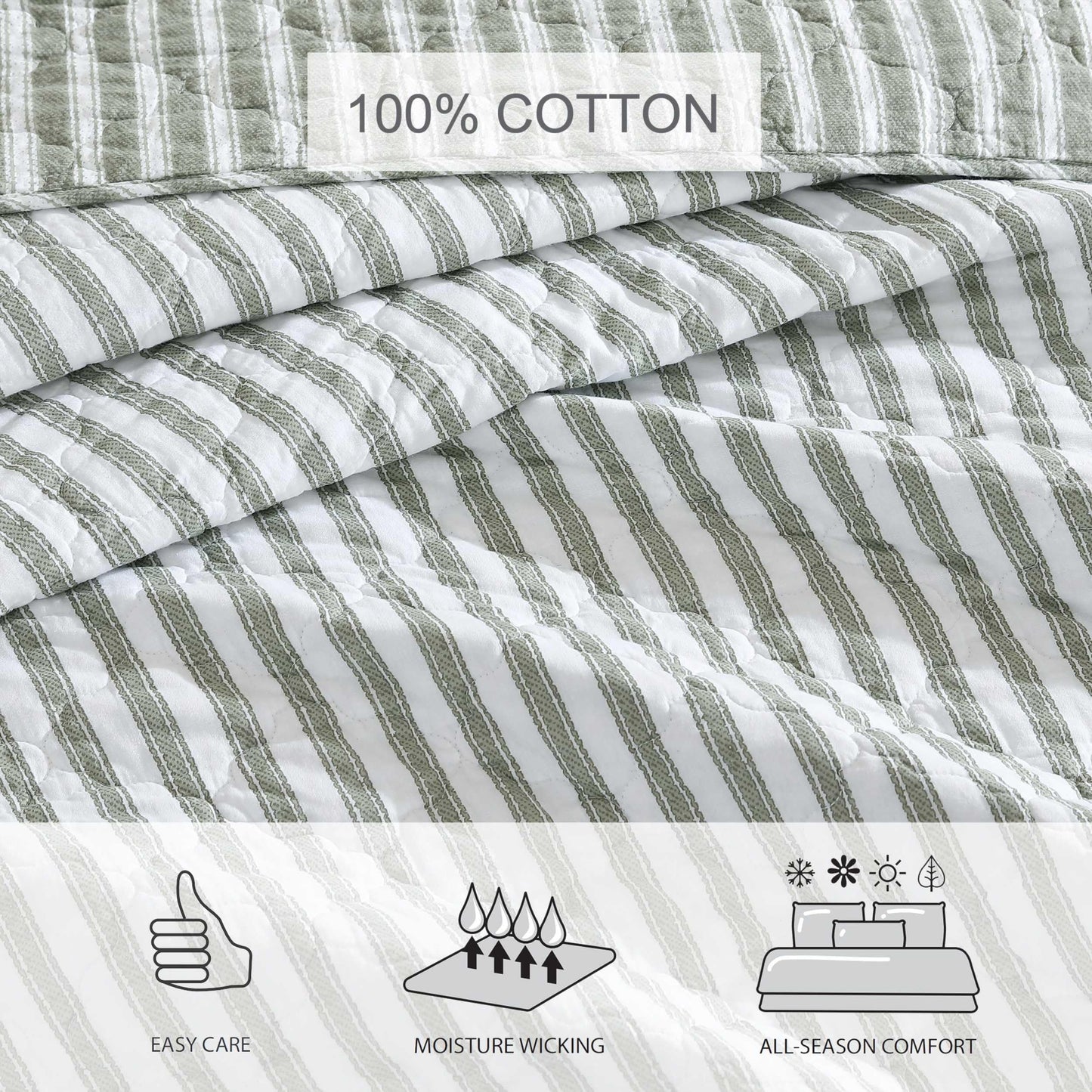 Stone Cottage - Twin Quilt Set, Reversible Cotton Bedding with Matching Shams, Striped Ideal Bedding Set (Willow Way Green, Twin)