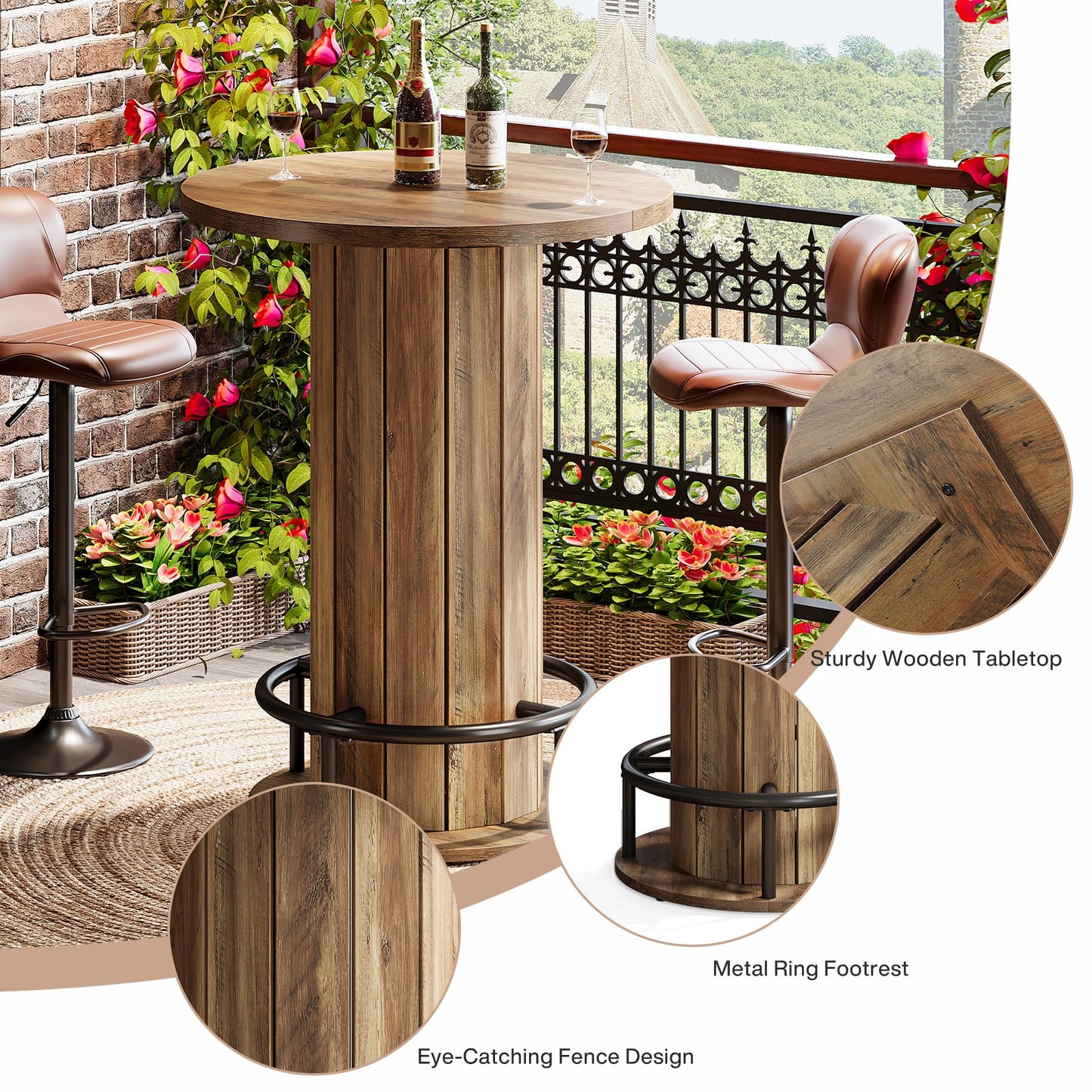 Tribesigns Round Bar Table, 39.4" H Wood Bistro Pub Table with Metal Ring Footrest for Dining Coffee Cocktail Living Room, Small Space, Brown(Only Table)