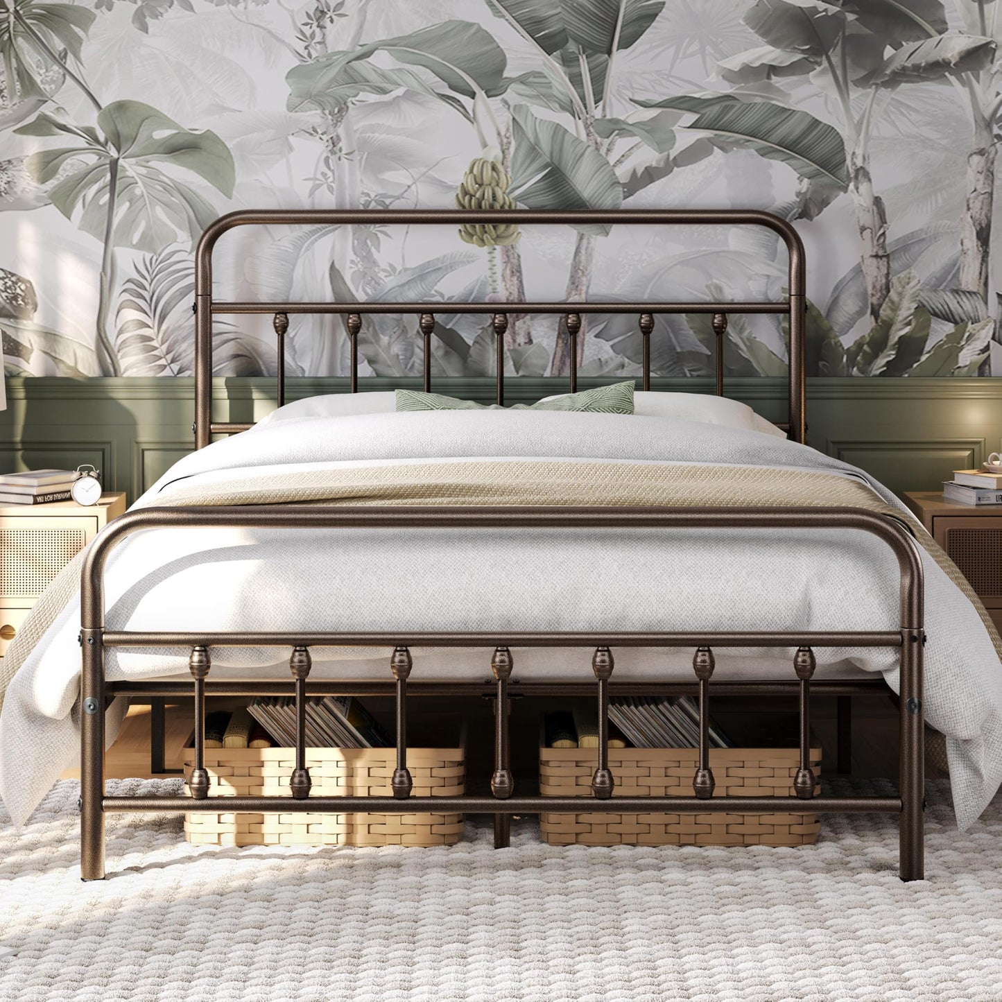 Yaheetech Classic Metal Platform Bed Frame Mattress Foundation with Victorian Style Iron-Art Headboard/Footboard/Under Bed Storage/No Box Spring Needed/Queen Size Bronze