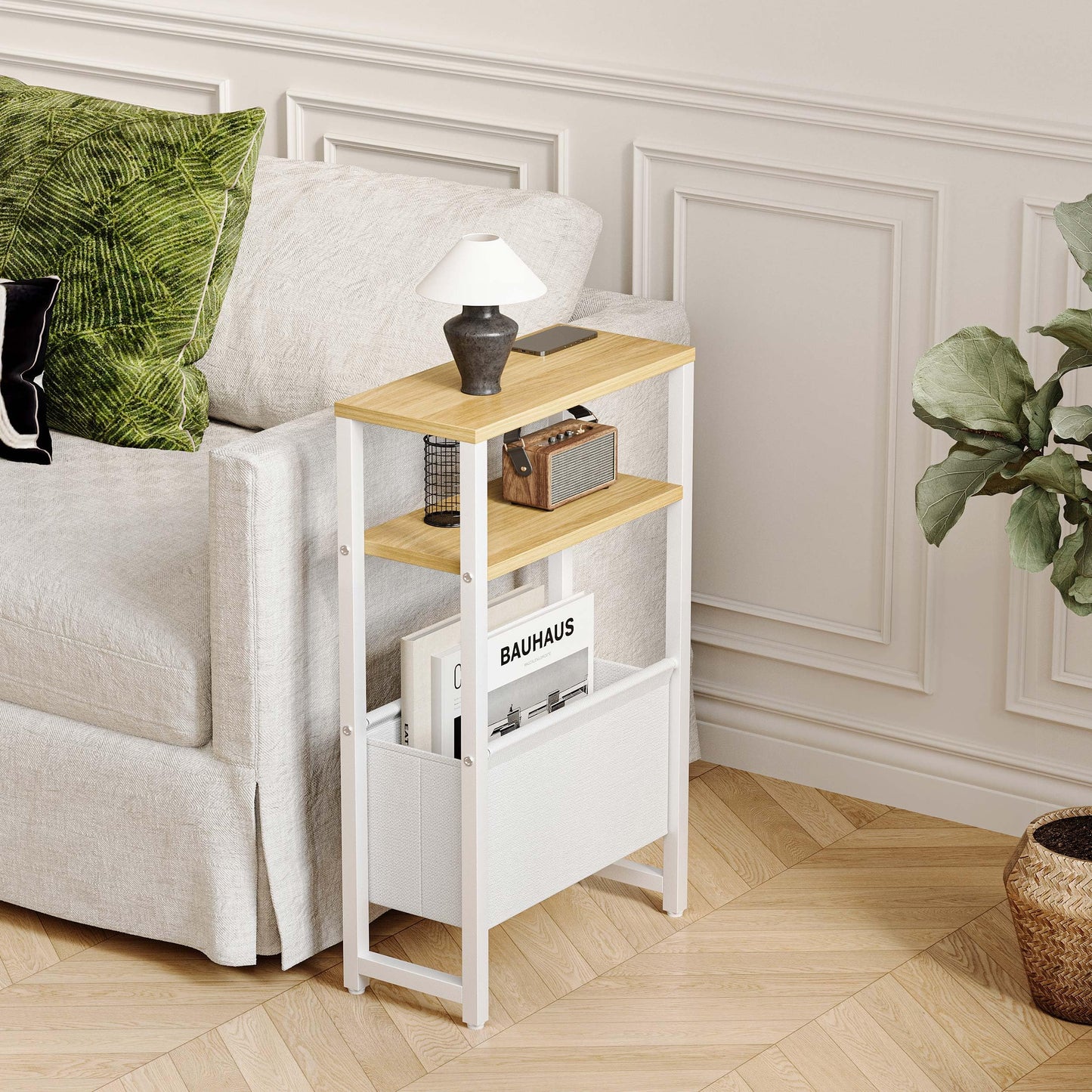 IRCPEN Narrow Side Table, Slim End Table with Magazine Rack, Skinny Bedside Table for Small Spaces, 3 Tier Sofa Couch Table Nightstand for Living Room, Bedroom, Natural LET503Y