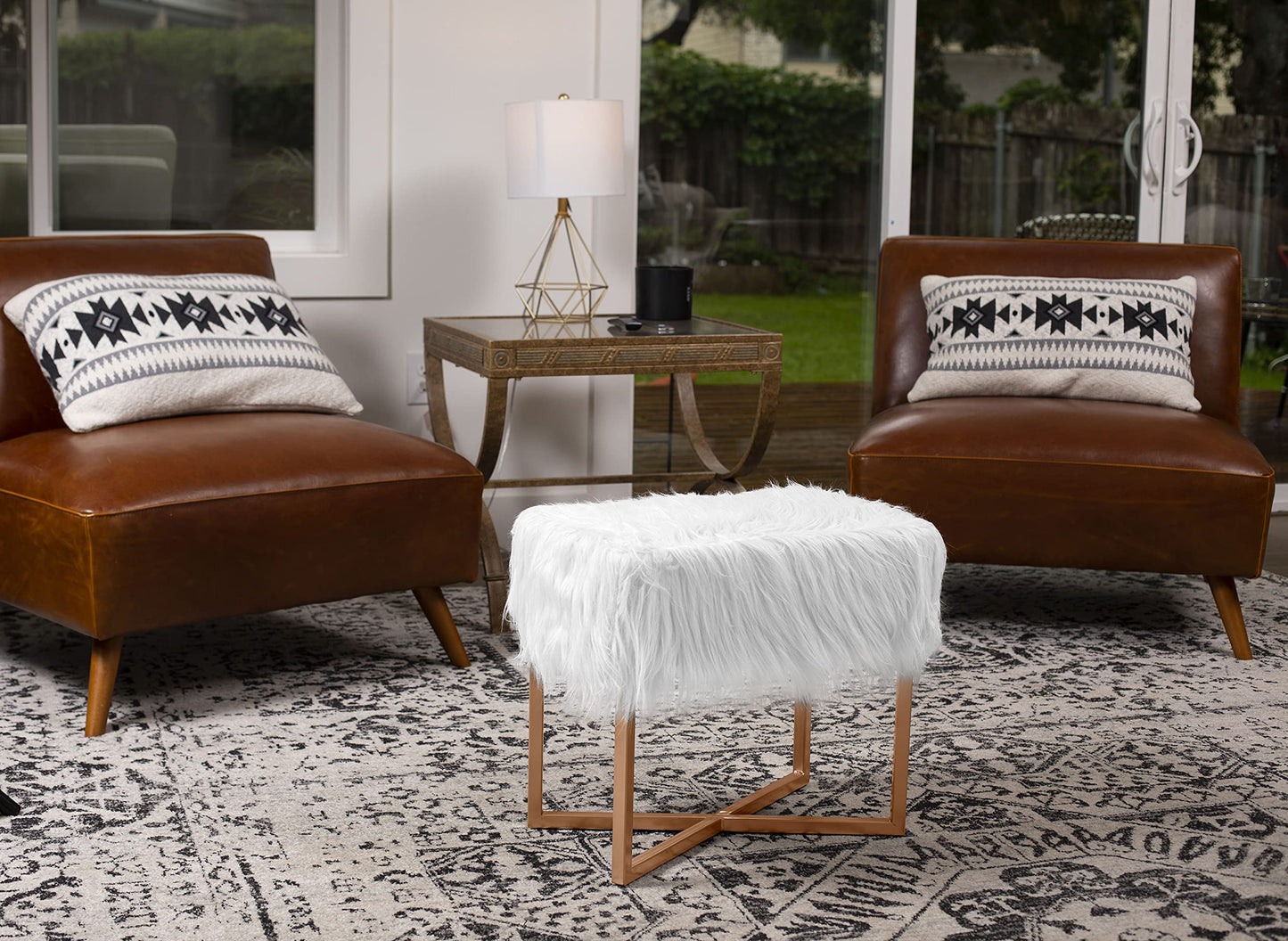 BIRDROCK HOME Rectangular Faux Fur Vanity Foot Stool Ottoman with Metal Legs - Small Soft Padded and Fluffy Makeup Seat or Foot Rest for Bedroom, Desk, or Dressing Table (White and Pale Gold)