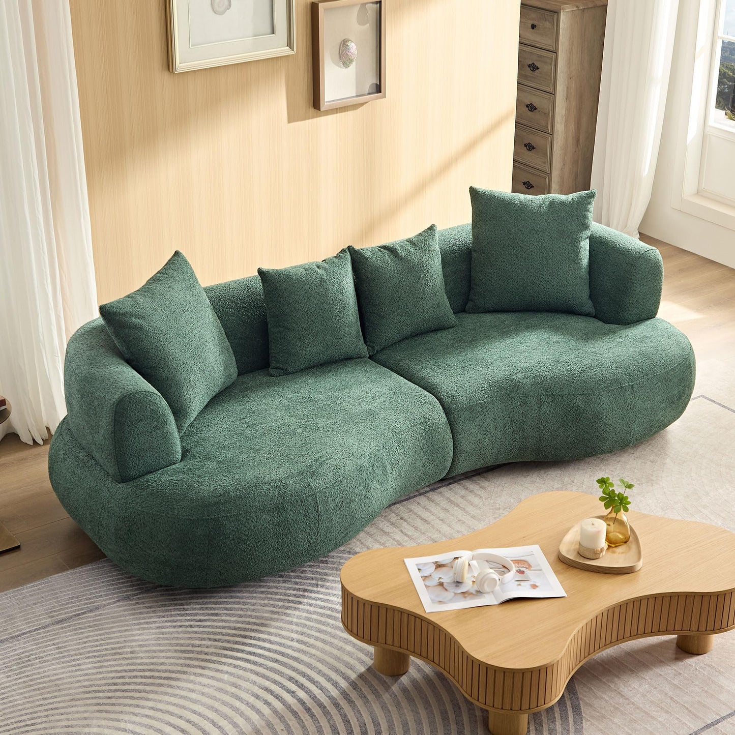 BBTJOINT Curved Bubble Sofa for Living Room, Minimalist deep sette,Curve loveseat, Boucle Fabric Upholstery, 103'' Sectional Couch,Green