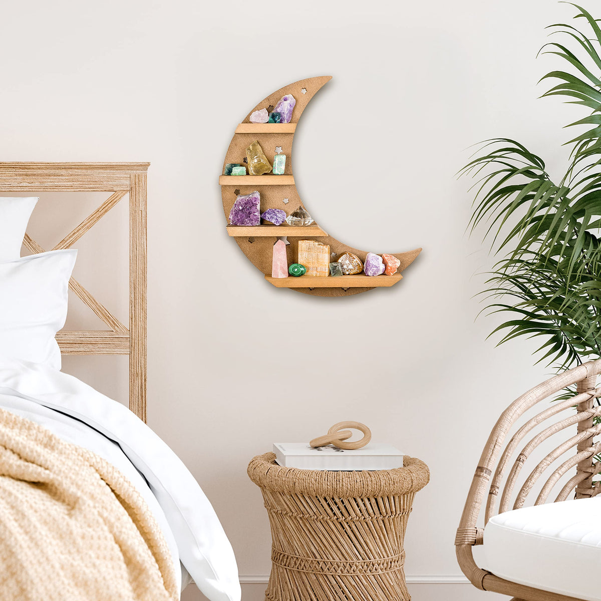Curawood Crescent Moon Shelf with LED Lights - 15.7" Crystal Display Shelf for Wall - Crystal Holder for Stones - Moon and Stars Wall Decor - Rock Display Case, Witchy Altar Trinket Organizer