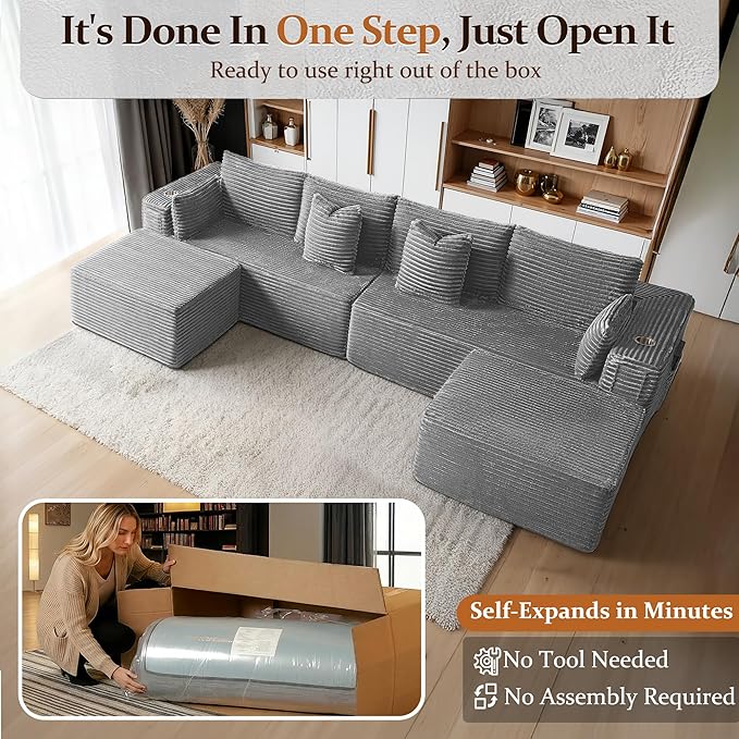 138" Cloud Sectional Couch, Comfort U Shaped Sofa