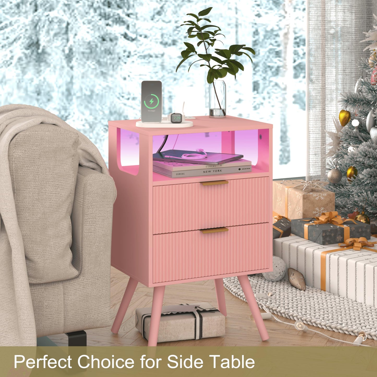 JOONEE Pink Nightstand with Charging Station and LED Lights,Modern Bedside Table with 2 Storage Drawer and Open Wood Shelf, for Bedroom and Small Spaces,Night Stand with Solid Wood Legs,Pink