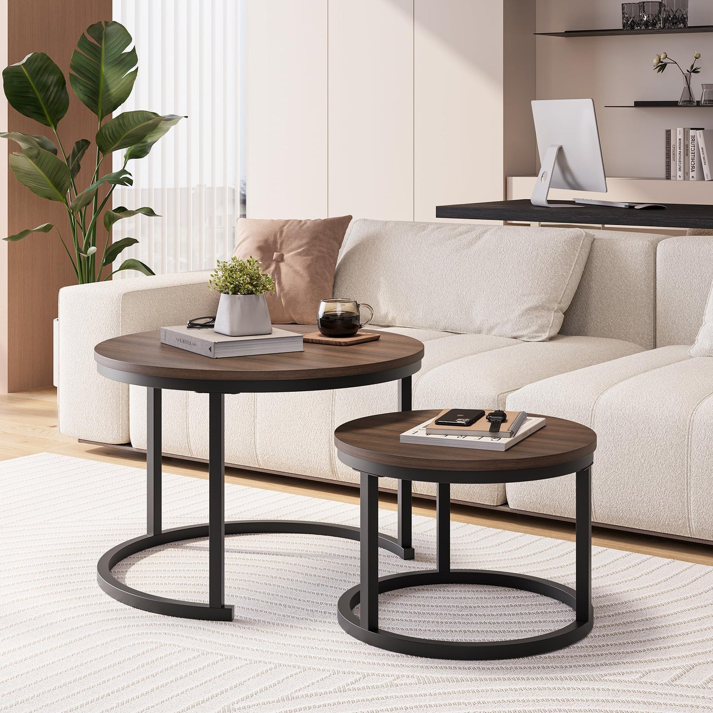 HOJINLINERO Round Coffee Table,Nesting Coffee Table Set of 2,Center Tables for Living Room,Office, Home Small Space,Stacking Side Tables,Sturdy and Easy Assembly,Wood Desktop,Walnut+Black,Large