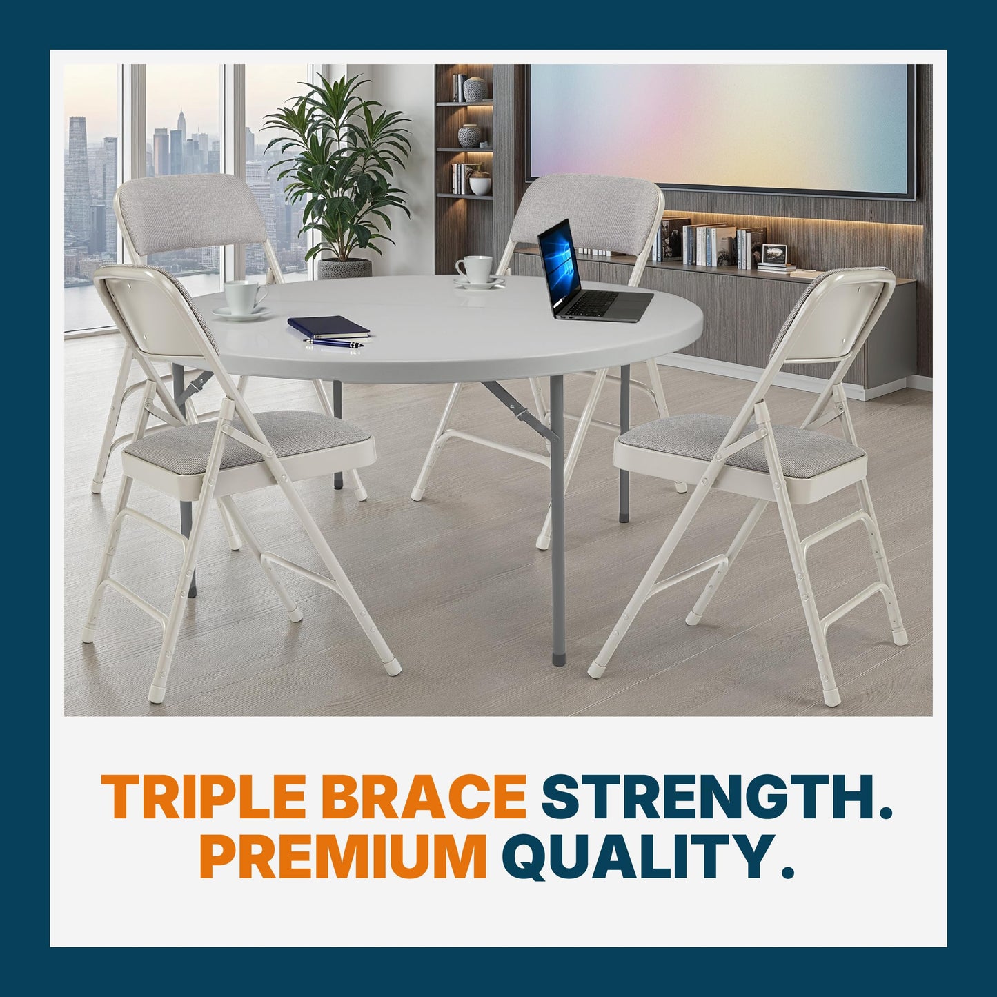 OEF Furnishings OEF2300 Series Heavy-Duty Premium Fabric Padded Upholstery Double-Hinged Triple-Braced Folding Chairs (4-Pack, Slate Gray)