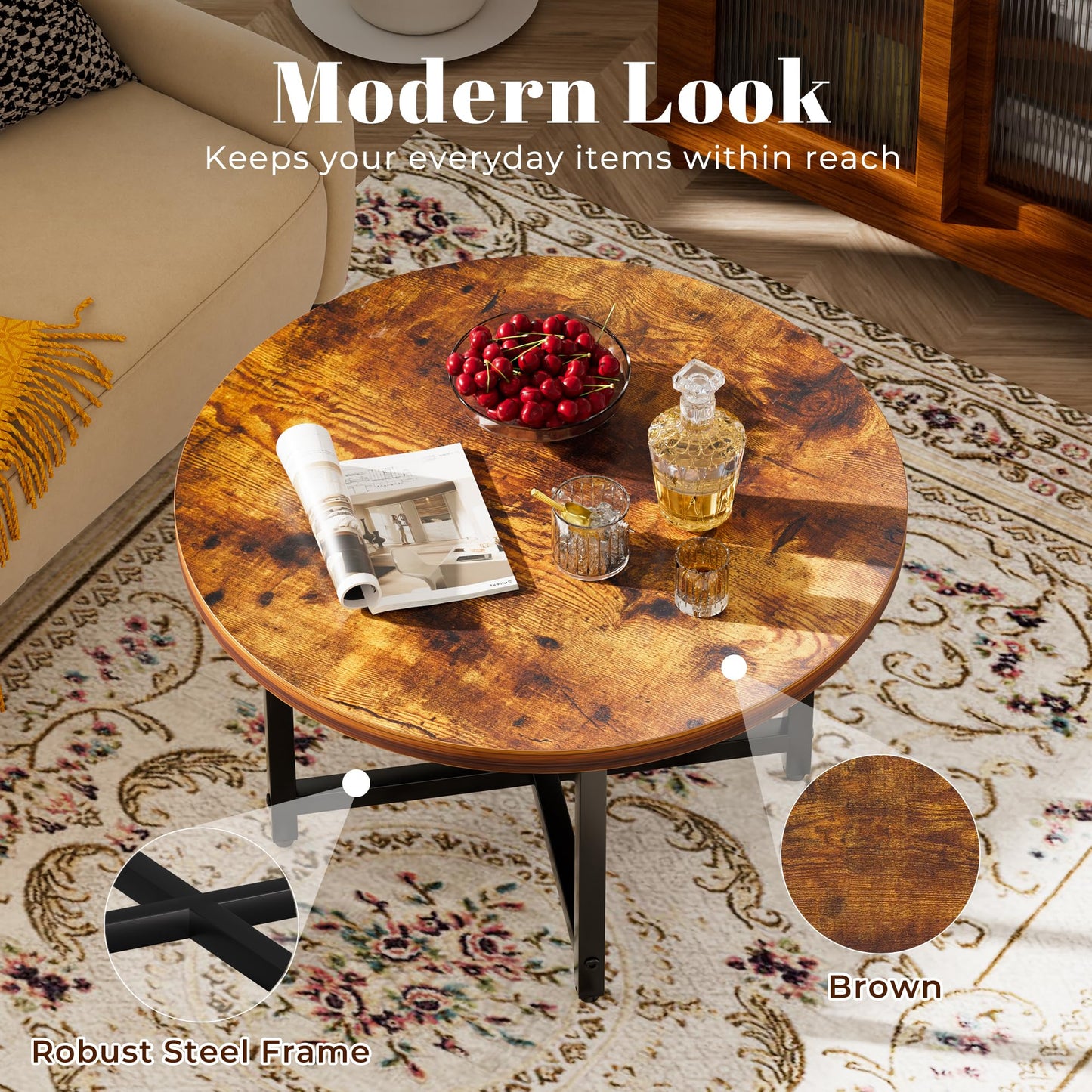 FAMIDGE Round Coffee Table, Small Coffee Tables for Living Room, Wood Coffee Table with Metal Frame, Floor Table Desk for Sitting on The Floor, Home, Office, Farmhouse, Rustic Brown (23.6"D x 17.7"H)