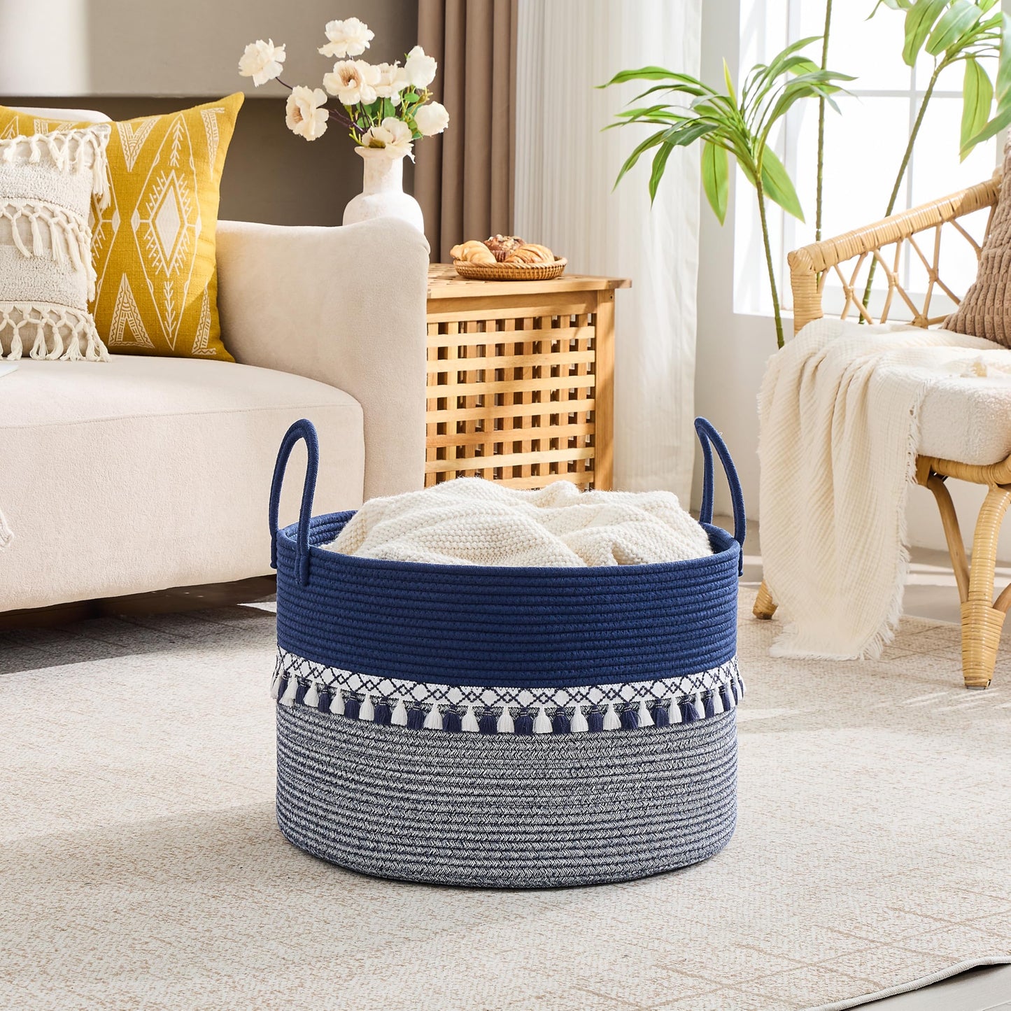 KAKAMAY Cotton Rope Storage Basket (20"x13"),Woven Hamper for Blankets,Toys,Pillows,Clothes,Laundry,Sturdy Handles Decorative Basket for Living Room, Bedroom,Nursery(Blue/White)