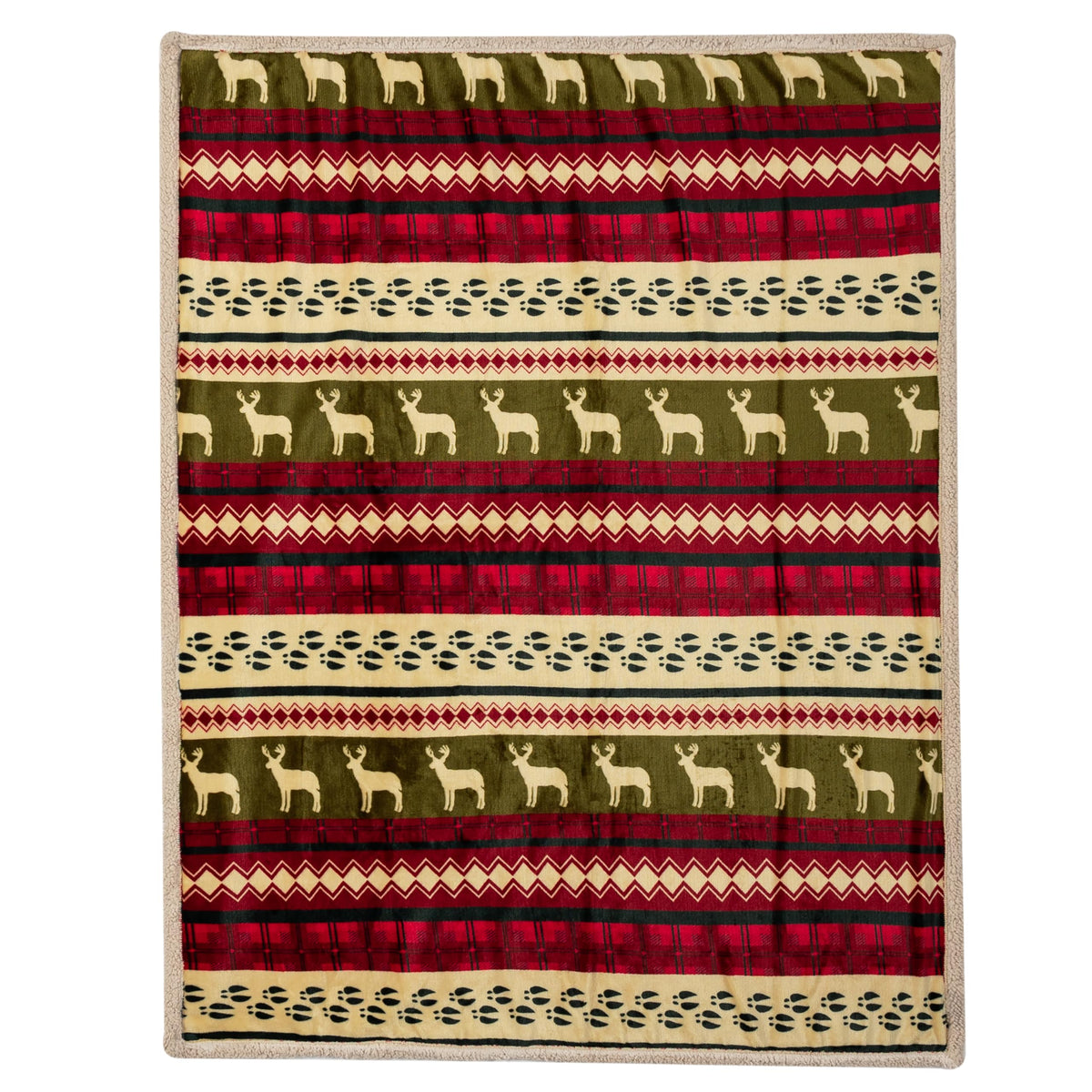 PAVILIA Premium Christmas Sherpa Throw Blanket, Green Red Cabin Design with Reindeer Print, Ultra Soft Reversible Fleece & Sherpa 50x60 Cozy Winter Blanket, Cozy Christmas & Holiday Decor