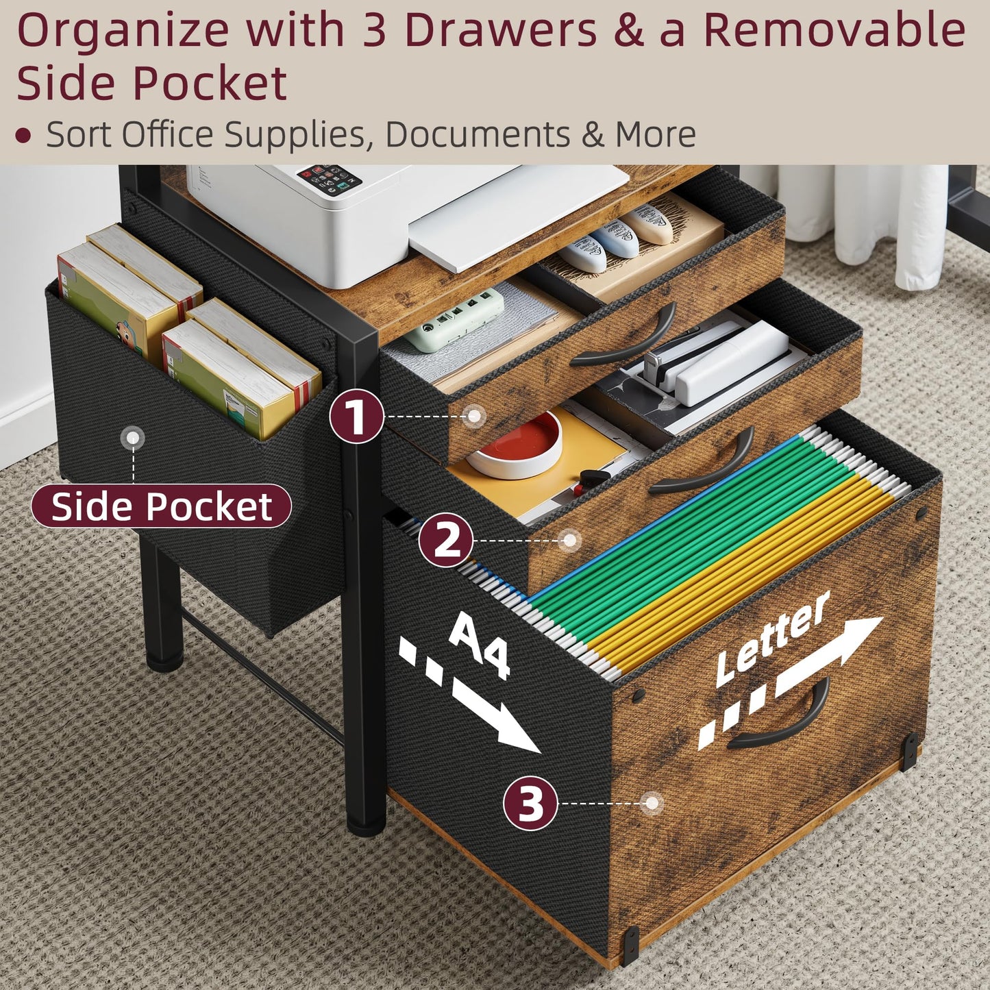 HIGDBFE 3-Drawer File Cabinet, Filing Cabinet with 2-Tier Printer Shelves, Office Cabinets with Side Bag&File Drawer for A4/Letter Size, Printer Stand with Storage for Home Office, Rustic Brown