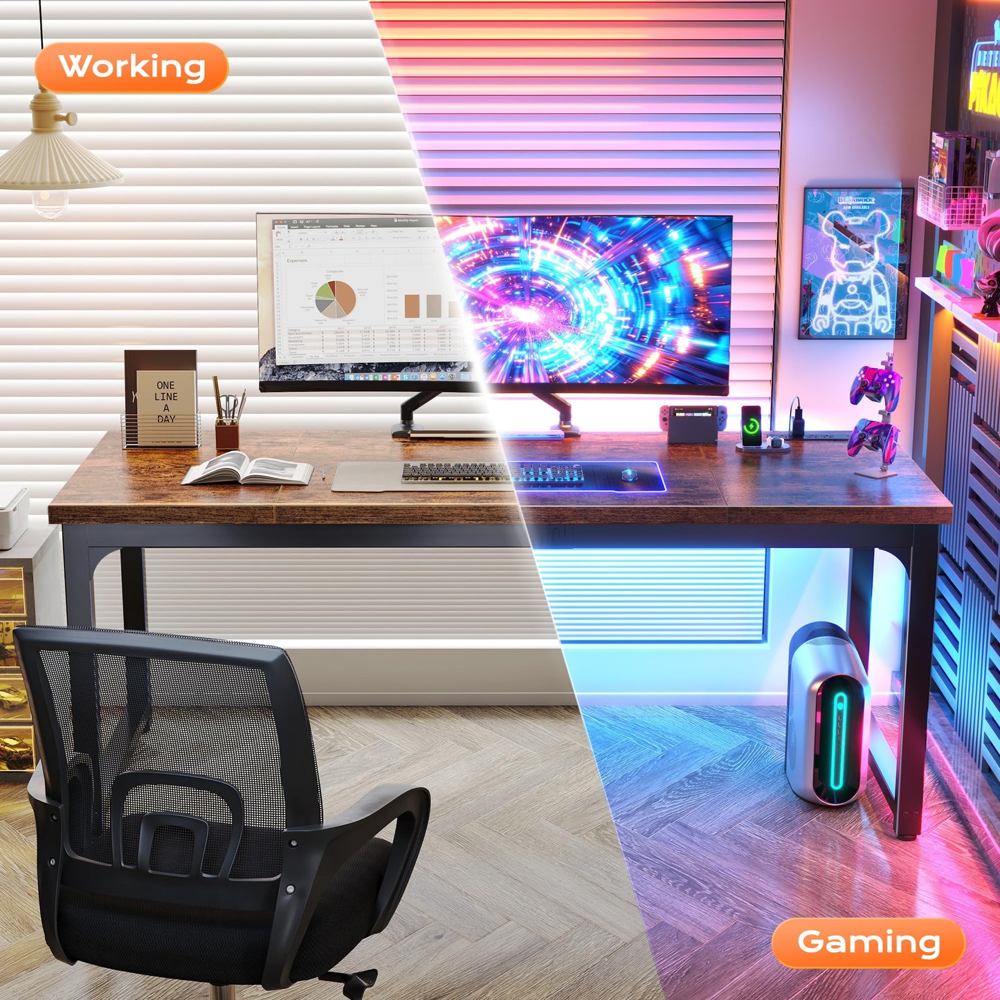 Huuger 63 x 24 inch Desk with Power Outlets & USB-C, Deeper & Thicker Desktop, Robust Metal Tubes, Computer Desk, Heavy Duty Office Desk, Work Gaming Desk, for Home Office, Rustic Brown