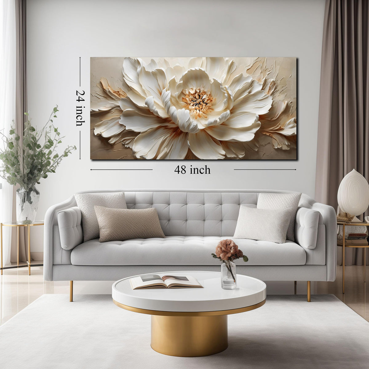 TYTAUPT Flower Painting Wall Decor White Canvas Wall Art for Office Women,Teen Room Decor for Girls,Dining Room Art Wall Decor 24 x 48 Inch