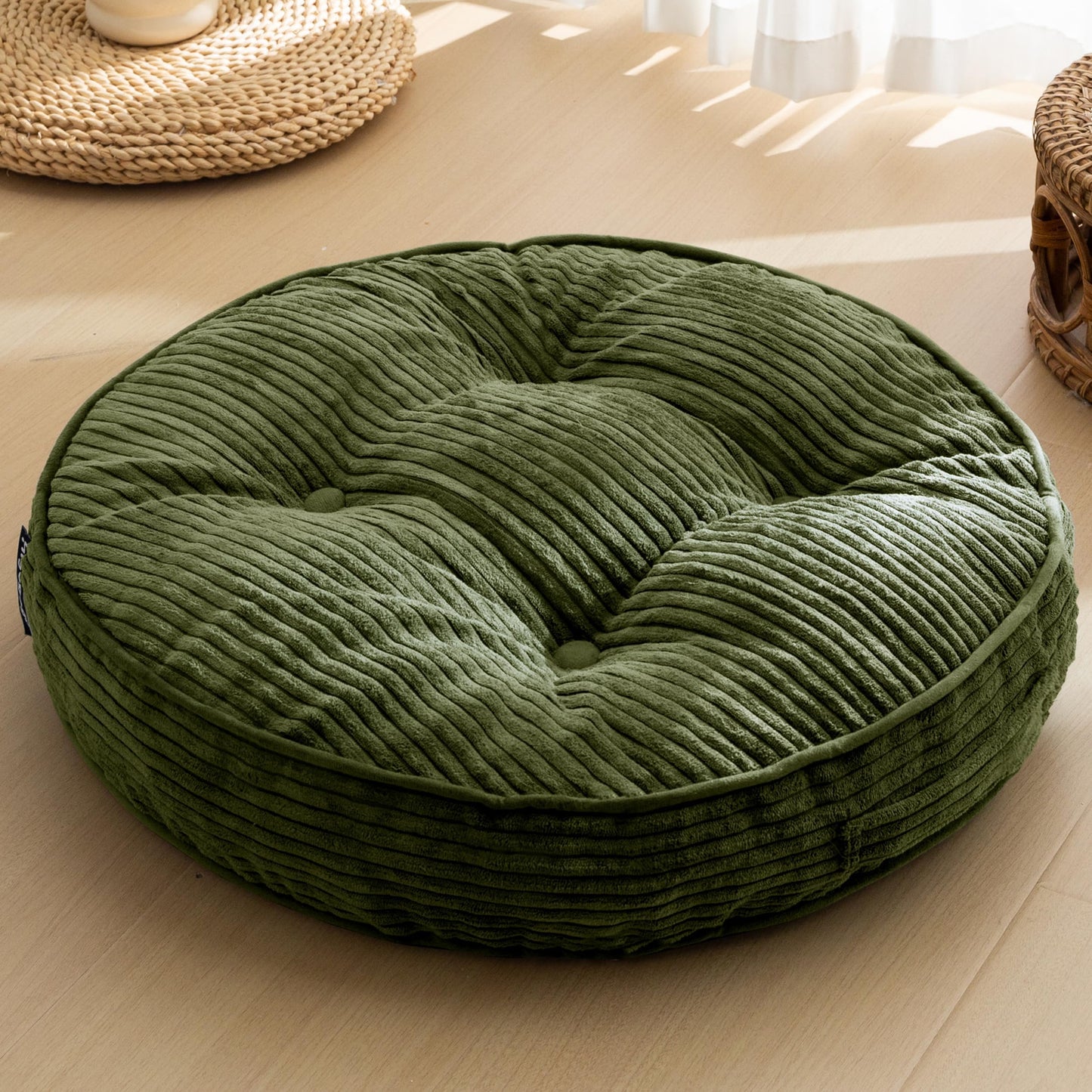 HIGOGOGO 4" Floor Pillow Cushion for Adults, Meditation Cushion Pillow, Large Round Floor Sitting, Tufted Corduroy Cover, for Tatami Living Room or Yoga, 22x22 Inch, Dark Green