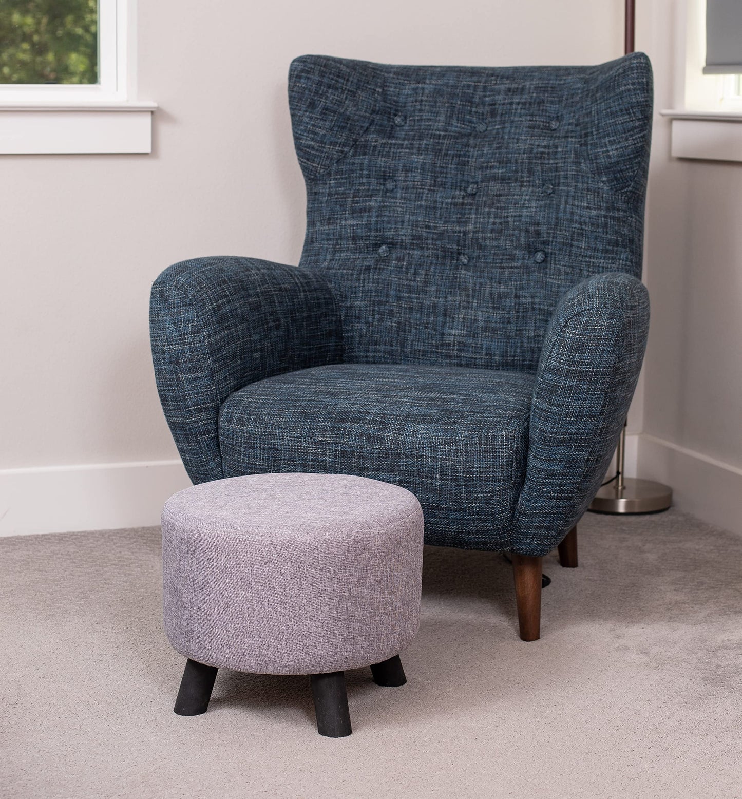 BIRDROCK HOME Grey Linen Foot Stool Ottoman – Soft Compact Round Padded Seat – Living Room and Bedroom – Black Wood Legs Upholstered Decorative Furniture Rest – Vanity Seat