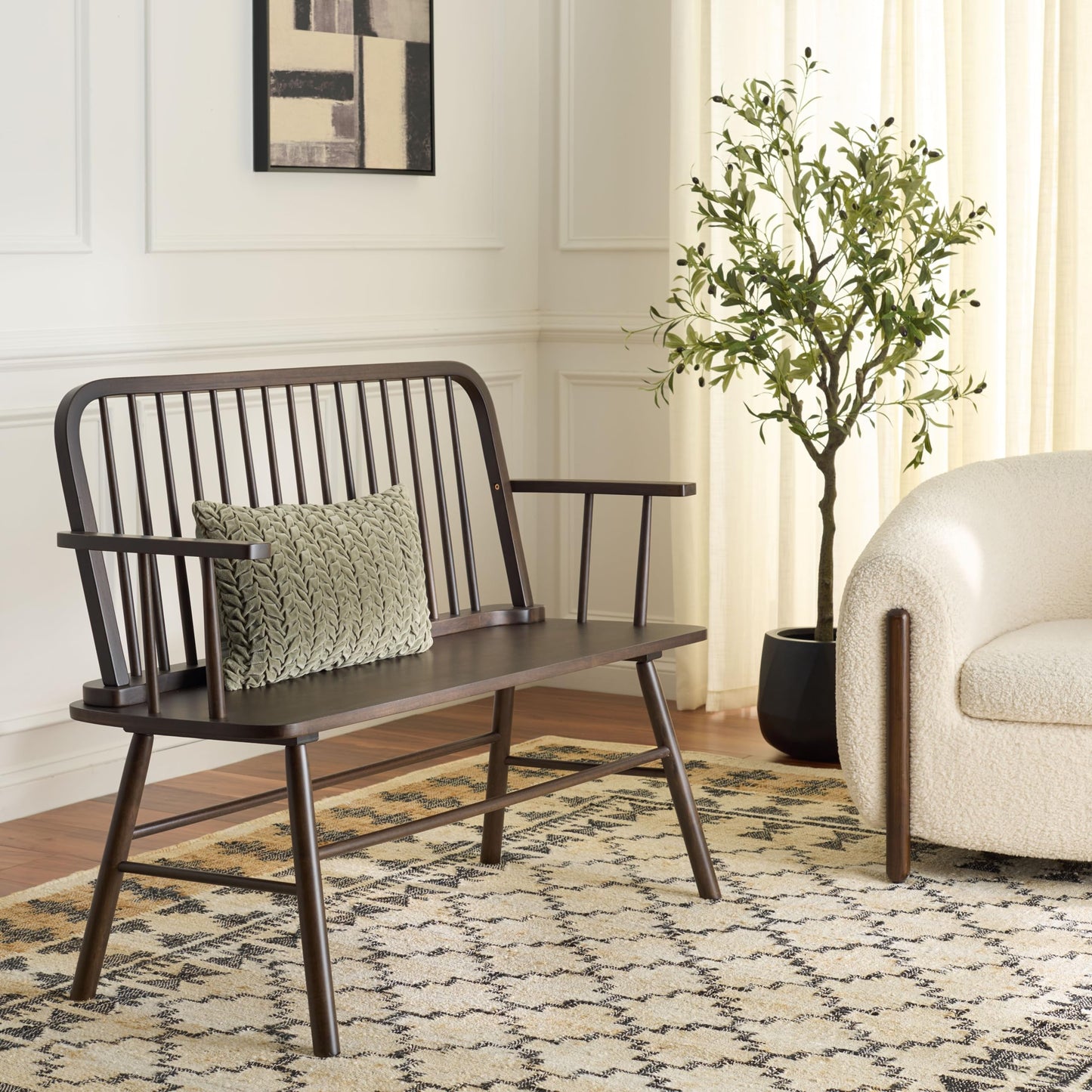SAFAVIEH Home Collection – Lucilia Spindle Bench, Dark Walnut Solid Wood Entryway or Dining Bench, Windsor Style Seating (BCH8501D)