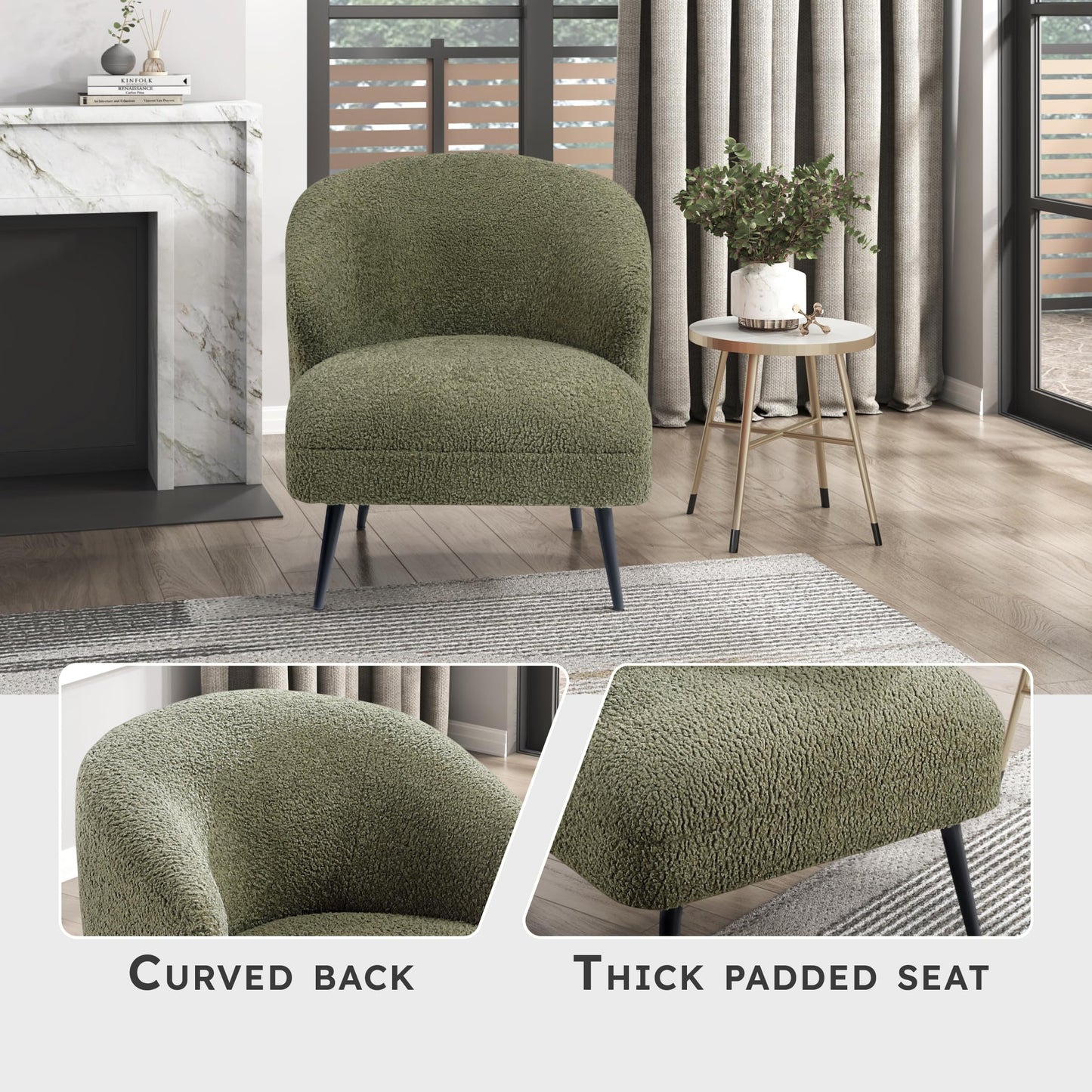 Lexicon Modern Accent Chair, Boucle Fabric Upholstered Single Sofa Chair with Curved Back for Living Room/Bedroom/Office/Apartment, Green