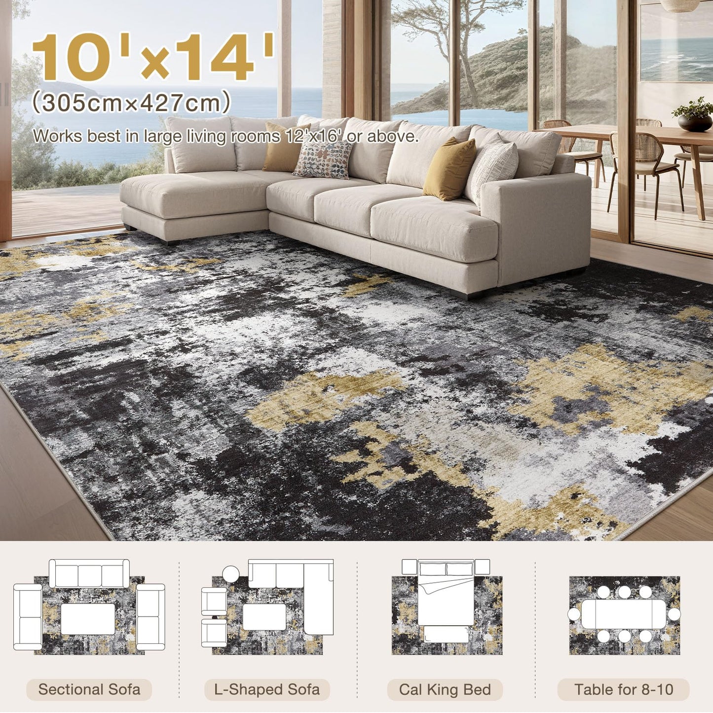 TARANCH Abstract 10x14 Area Rug: Machine Washable Non Slip Ultra Thin Low-Pile Carpet, Soft Stain Resistant for Living Dining Room Bedroom, Kid Pet Friendly, Robot Vacuum Compatible - Black Gold