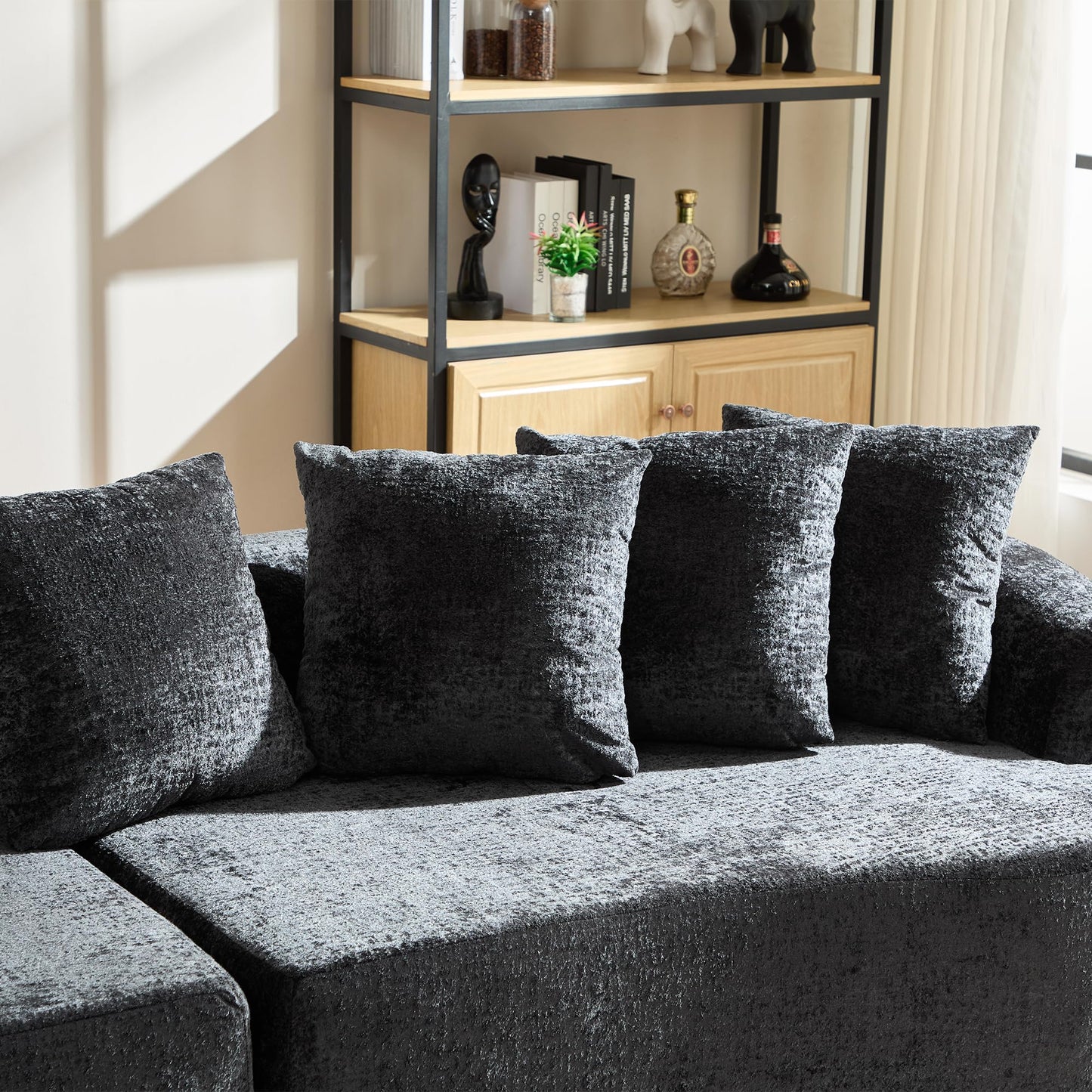 Sectional Sofa, Curved Cloud Sofa Couch, Chenille Full Sponge Chaise for Living Room, Apartment (Black, 110 Inch)