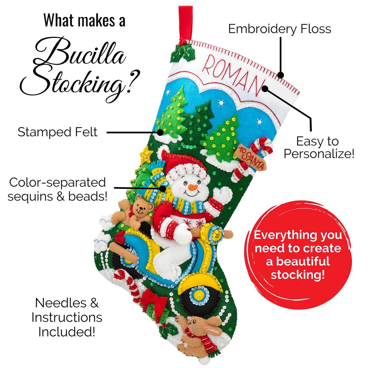 Bucilla 86931E Felt Applique Kit 18" Stocking, Santa Black Bear Cabin