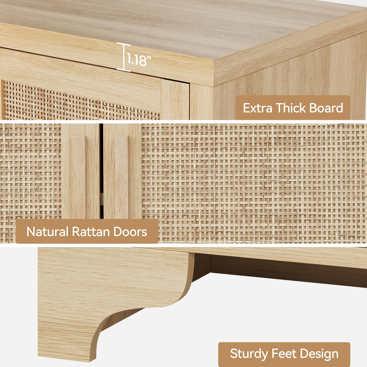 GAOMON TV Stand for TVs Up to 65'', Natural Rattan Entertainment Center with Storage Cabinets, Boho Media Console Table for Living Room, Farmhouse Cabinet, Oak